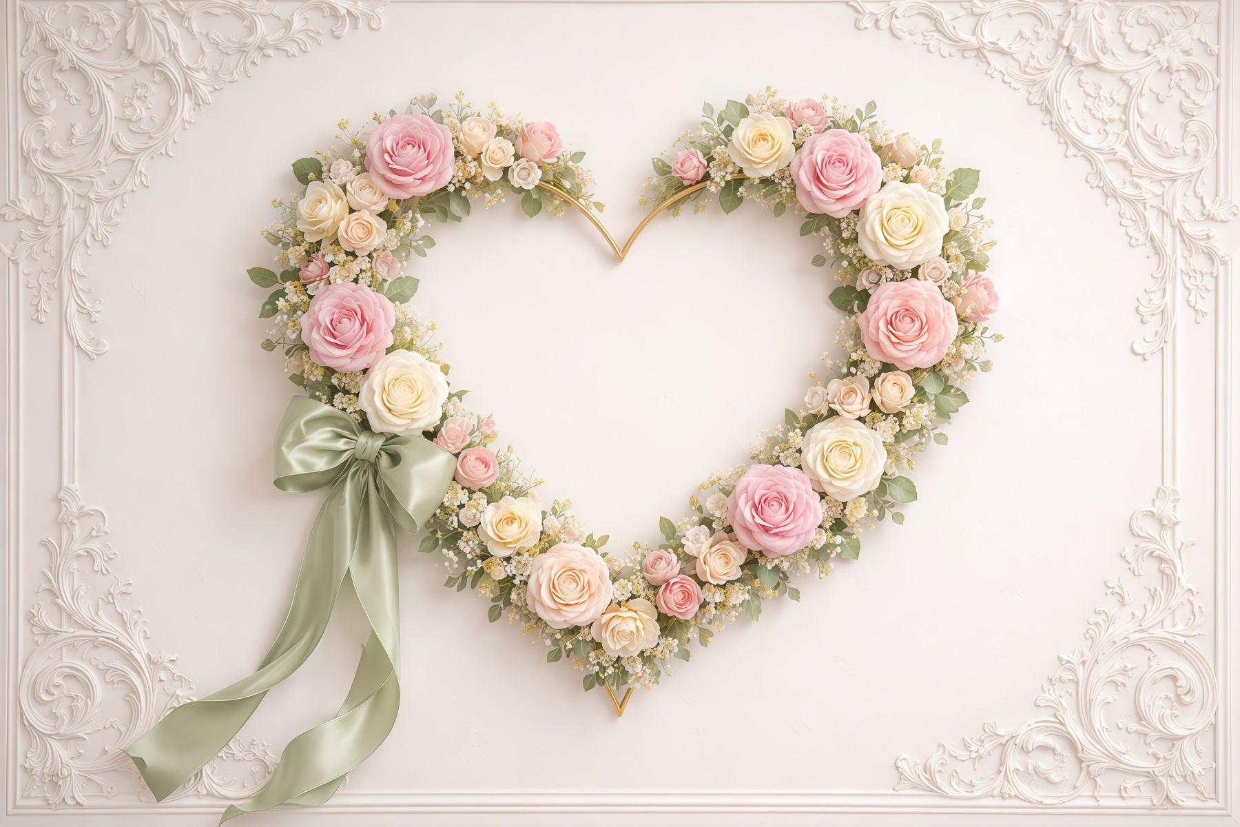 Heart Floral Frame Mother's Day Backdrop Vintage Wall Rose Ribbon Mother's Day Backdrop Ideas LXX63-10