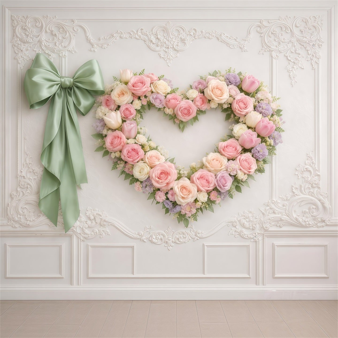 Heart Floral Frame Mother's Day Backdrop Elegant Wall Rose Ribbon Mother's Day Backdrop Ideas LXX63-14