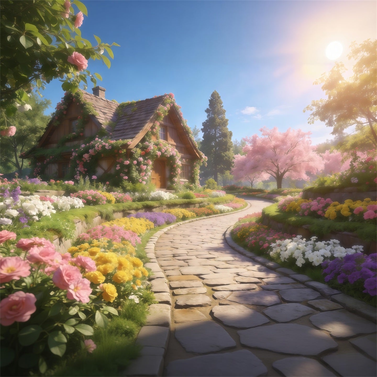 Romantic Cottage Mother's Day Backdrop Spring Flower Path Sunshine Happy Mothers Day Backdrop LXX63-15