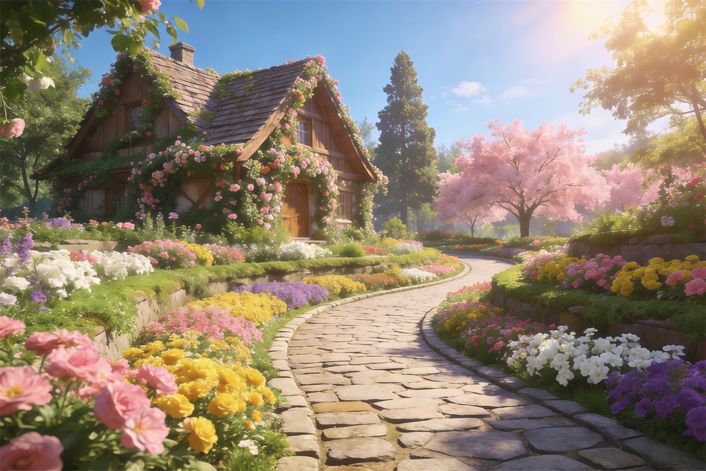 Romantic Cottage Mother's Day Backdrop Spring Flower Path Sunshine Happy Mothers Day Backdrop LXX63-15
