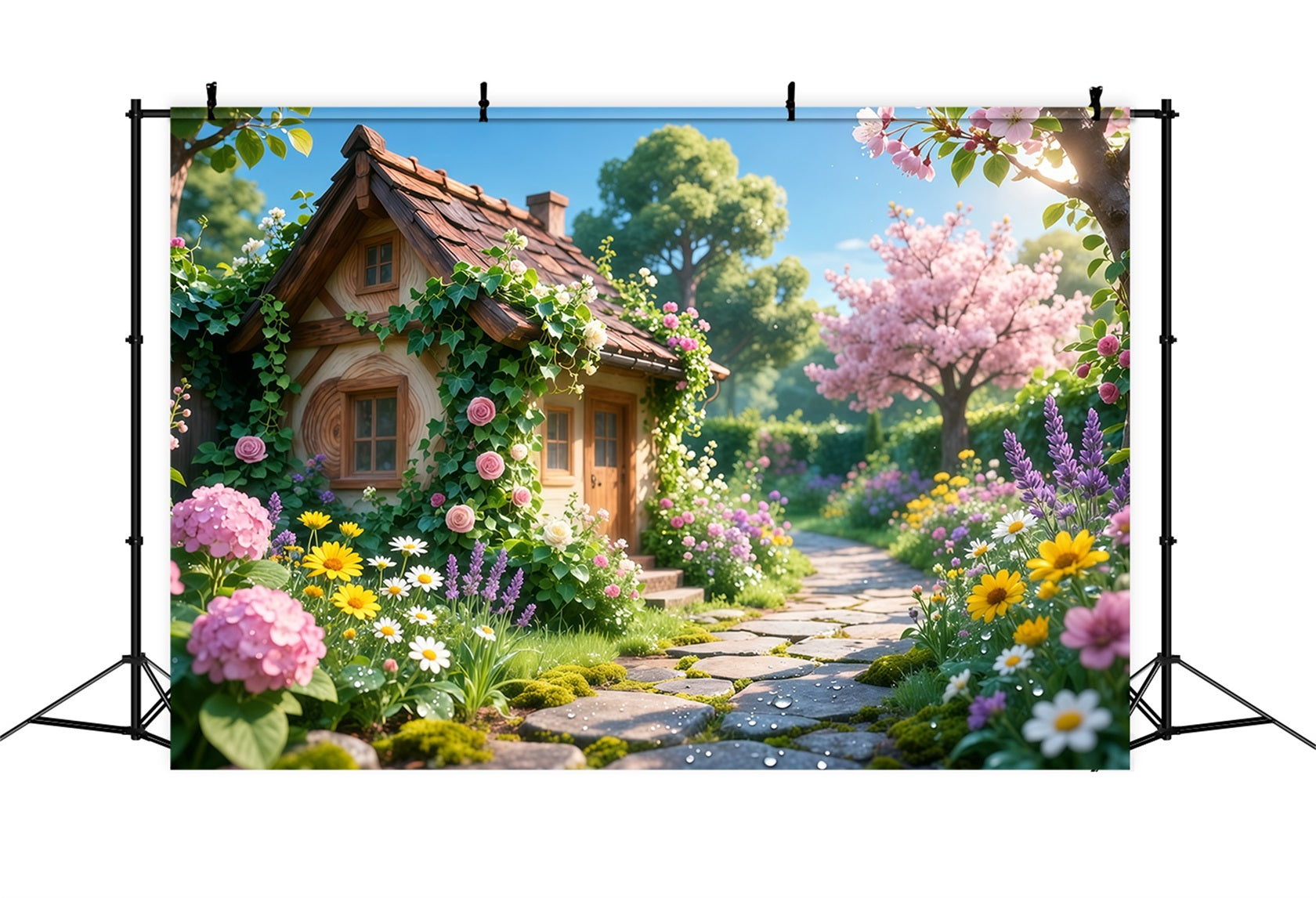 Romantic Cottage Mother's Day Backdrop Charming Bloom Stone Path Happy Mothers Day Backdrop LXX63-16