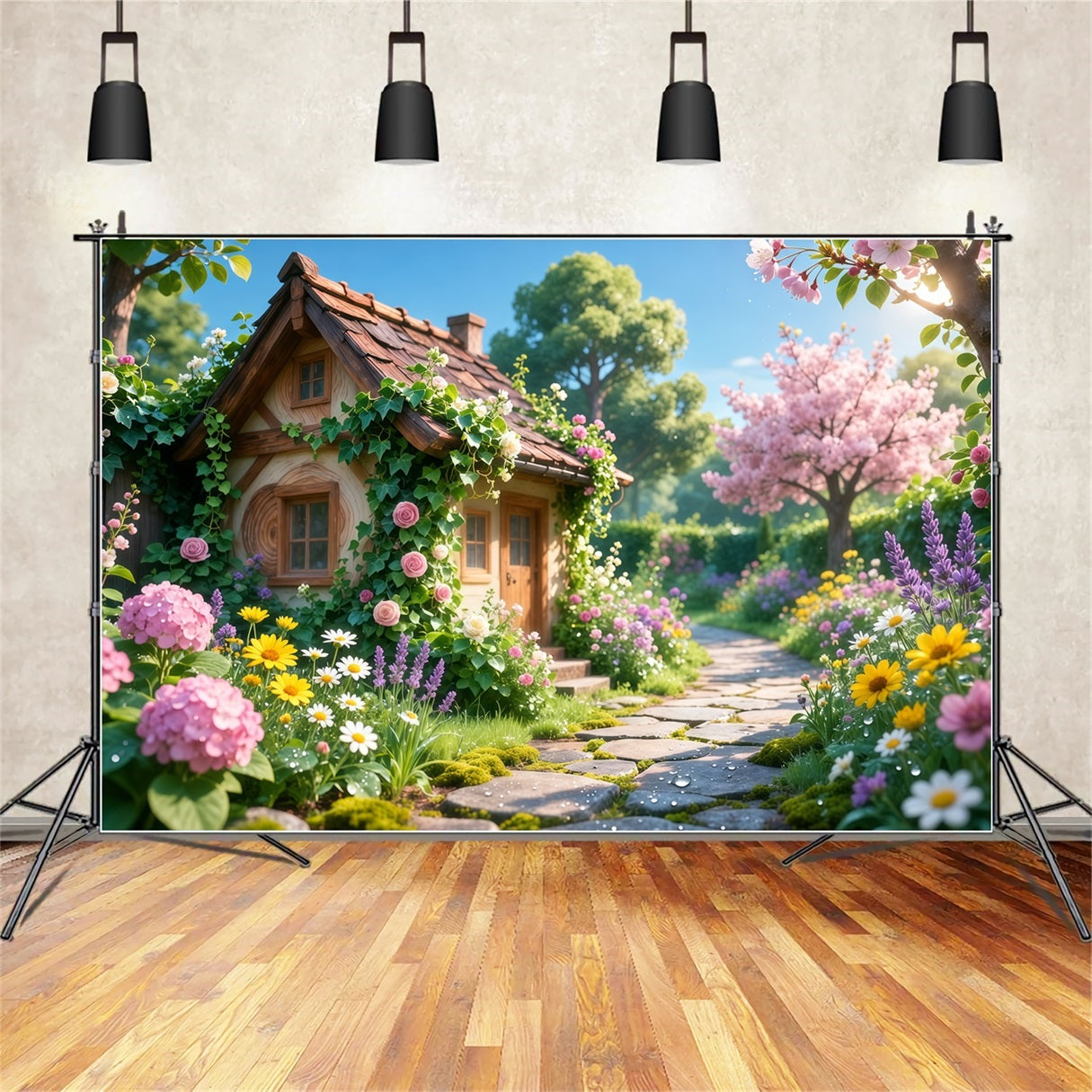 Romantic Cottage Mother's Day Backdrop Charming Bloom Stone Path Happy Mothers Day Backdrop LXX63-16