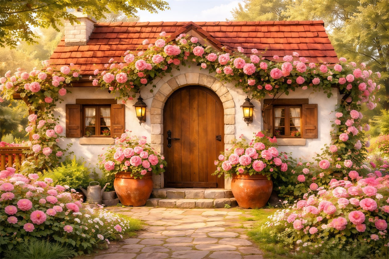 Romantic Cottage Mother's Day Backdrop Rustic Door Rose Bloom Happy Mo