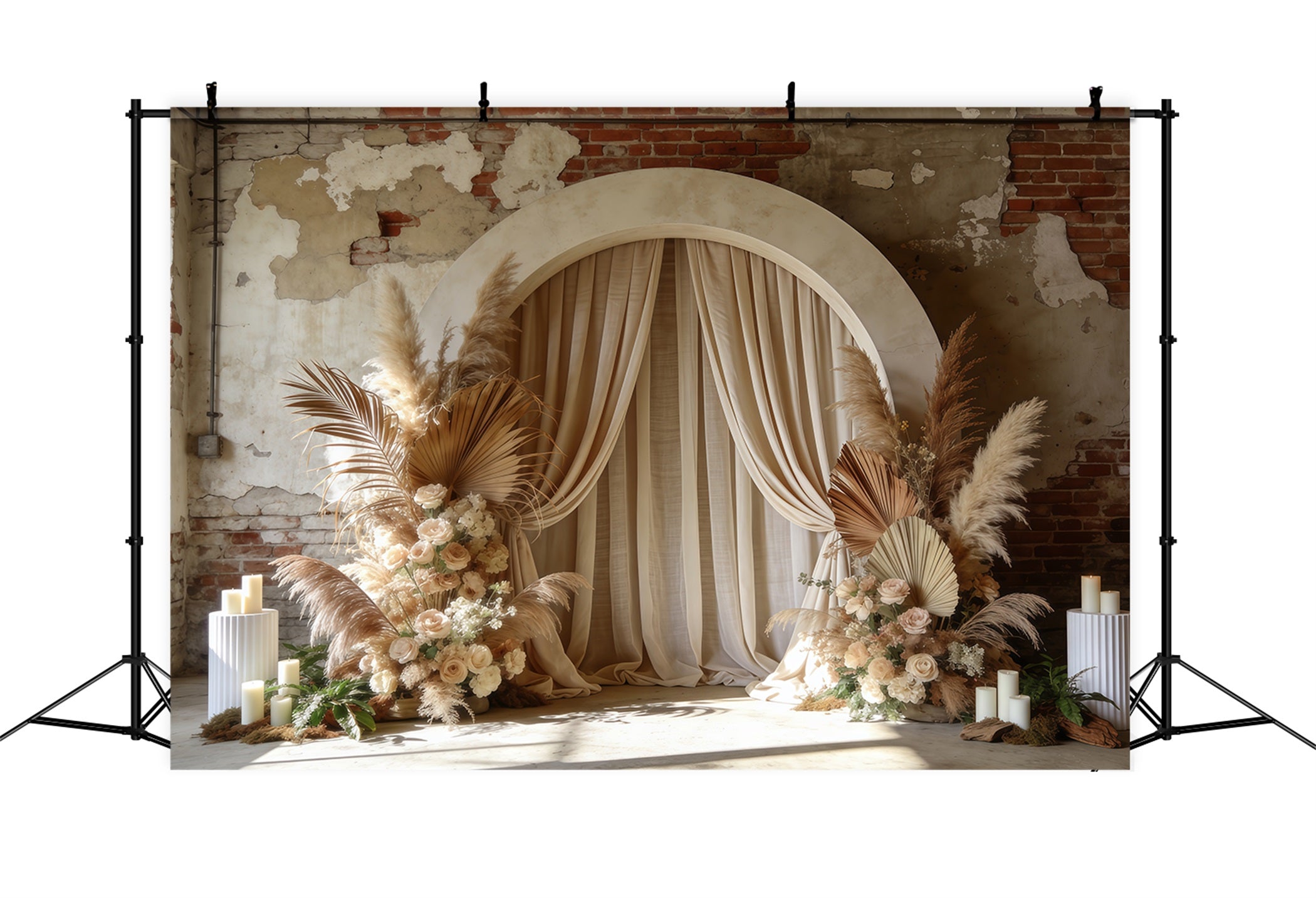 Floral Arch Mother's Day Backdrop Boho Drape Pampas Brick Wall Mothers Day Backdrop Ideas LXX63-21