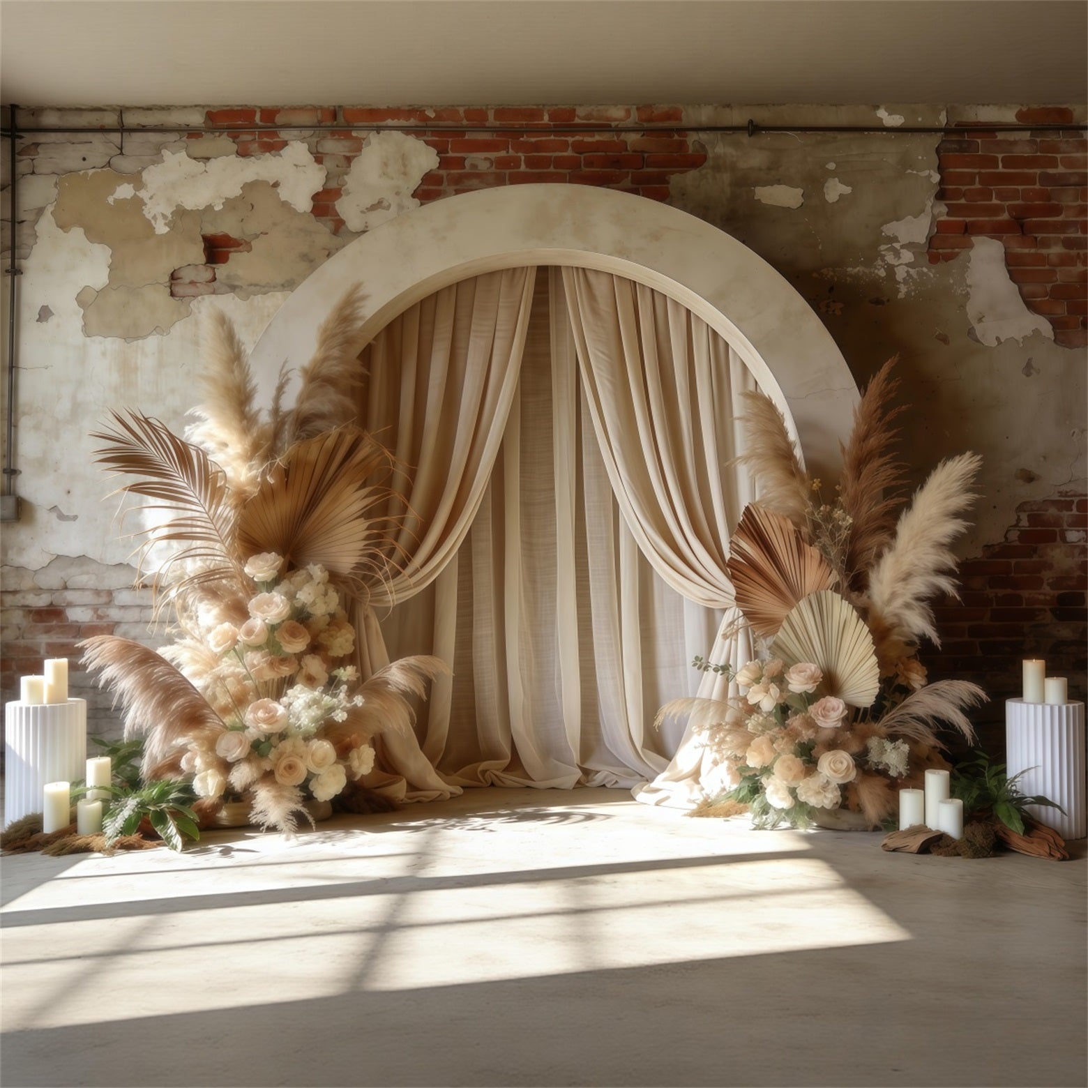 Floral Arch Mother's Day Backdrop Boho Drape Pampas Brick Wall Mothers Day Backdrop Ideas LXX63-21