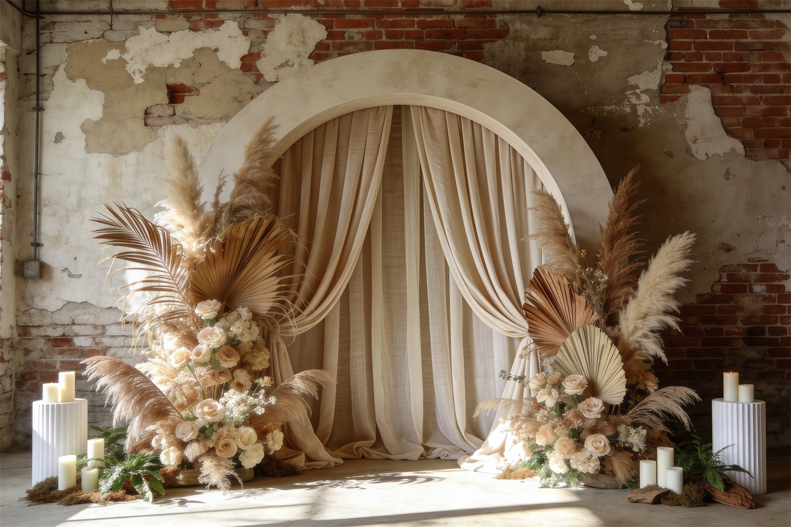 Floral Arch Mother's Day Backdrop Boho Drape Pampas Brick Wall Mothers Day Backdrop Ideas LXX63-21