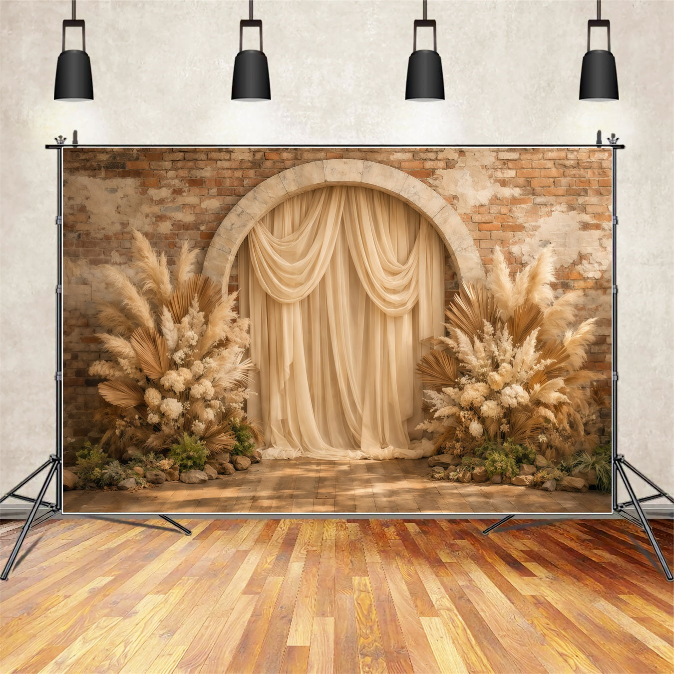 Floral Arch Mother's Day Backdrop Rustic Brick Wall Boho Pampas Mothers Day Backdrop Ideas LXX63-22