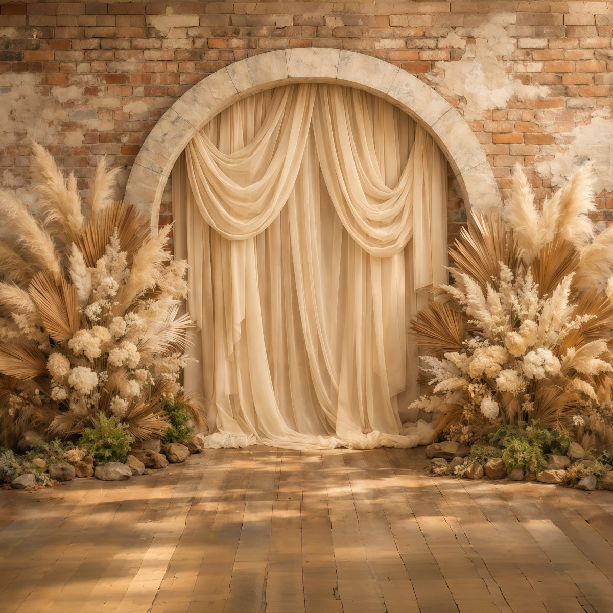 Floral Arch Mother's Day Backdrop Rustic Brick Wall Boho Pampas Mothers Day Backdrop Ideas LXX63-22