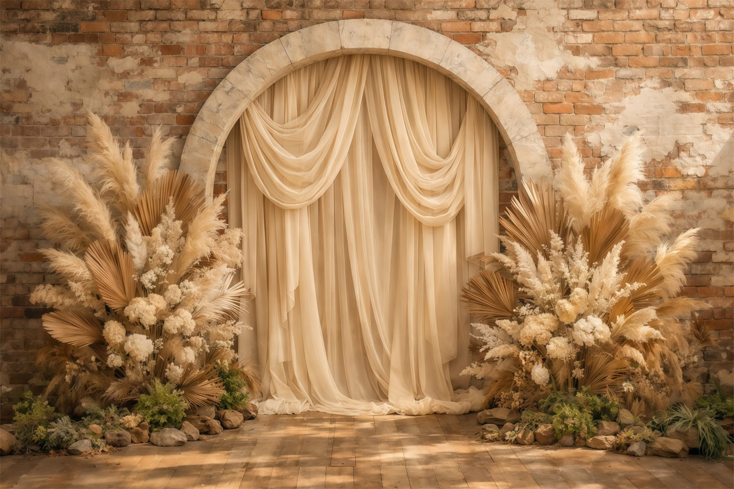 Floral Arch Mother's Day Backdrop Rustic Brick Wall Boho Pampas Mothers Day Backdrop Ideas LXX63-22