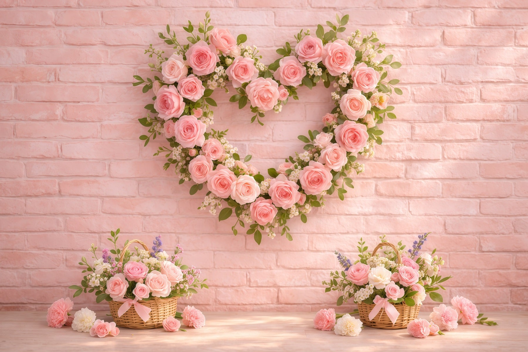 Pink Brick Wall Mother's Day Backdrop Rose Heart Wreath Basket Mother's Day Photo Backdrop Ideas LXX63-23