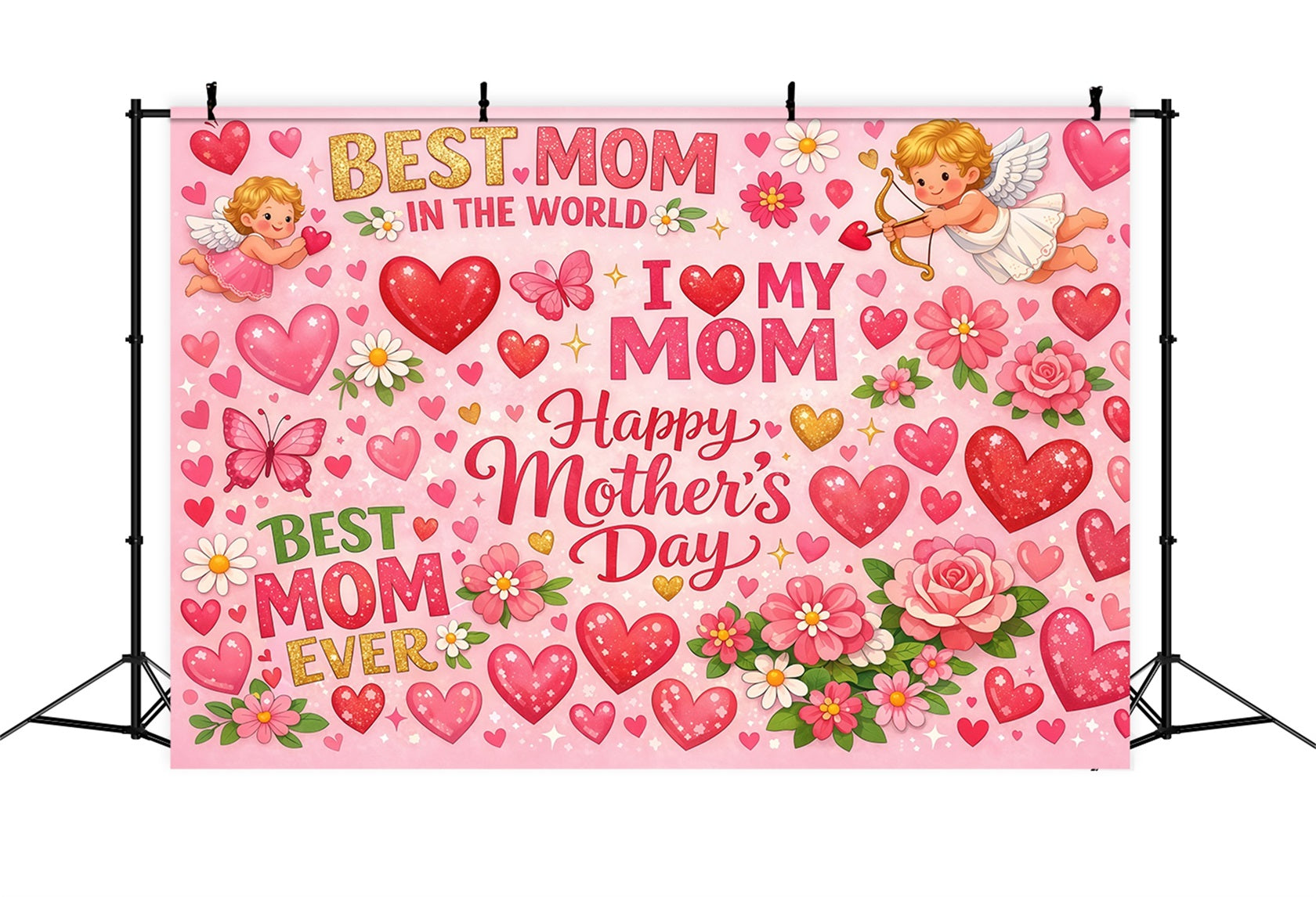 Mom Letters Mother's Day Backdrop Cartoon Love Heart Typography Backdrop For Mother's Day LXX63-27