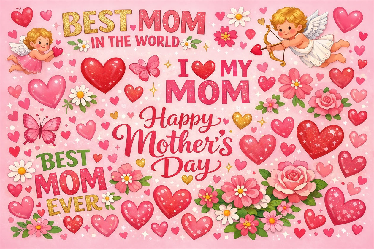Mom Letters Mother's Day Backdrop Cartoon Love Heart Typography Backdrop For Mother's Day LXX63-27
