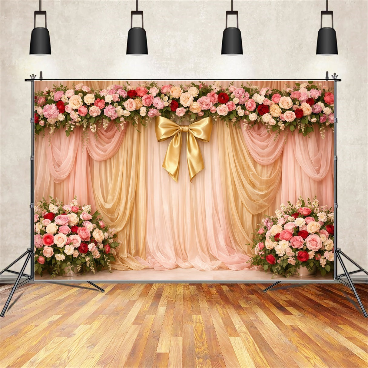 Pink Gold Romance Mother's Day Backdrop Pink Gold Draped Floral Bow Backdrops For Mother's Day LXX63-29
