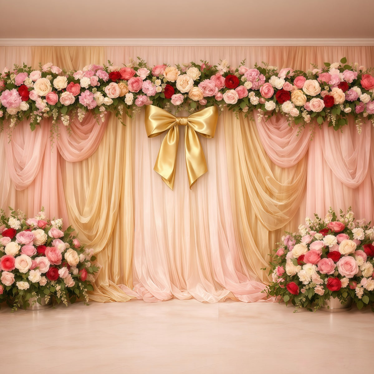 Pink Gold Romance Mother's Day Backdrop Pink Gold Draped Floral Bow Backdrops For Mother's Day LXX63-29