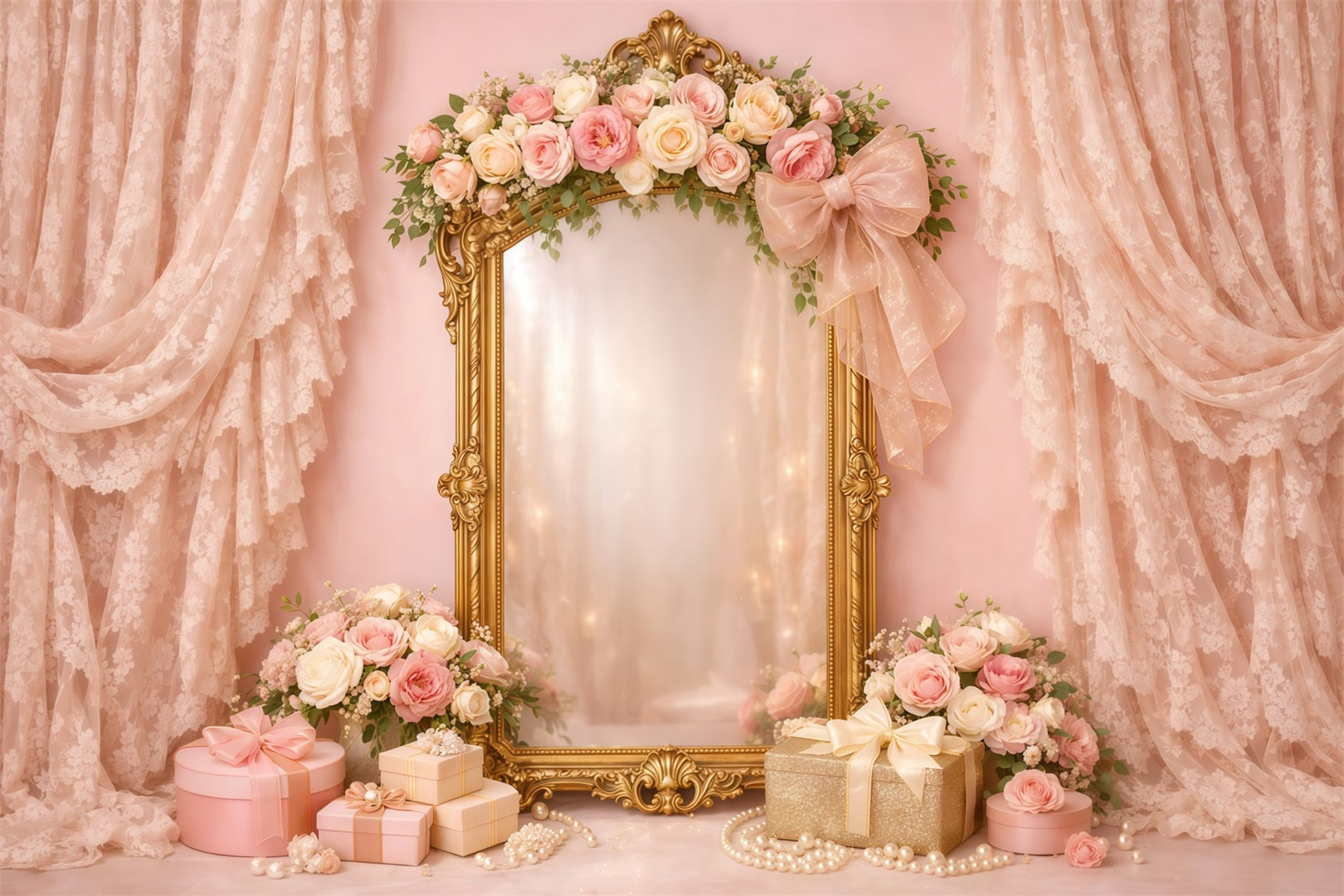 Pink Gold Romance Mother's Day Backdrop Vintage Lace Mirror Floral Gift Backdrops For Mother's Day LXX63-32