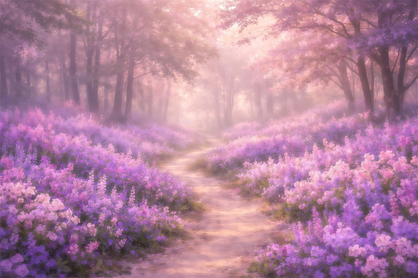 Dreamy Soft Focus Mother's Day Backdrop Purple Blossom Forest Pathway Mother's Day Photo Backdrops LXX63-33