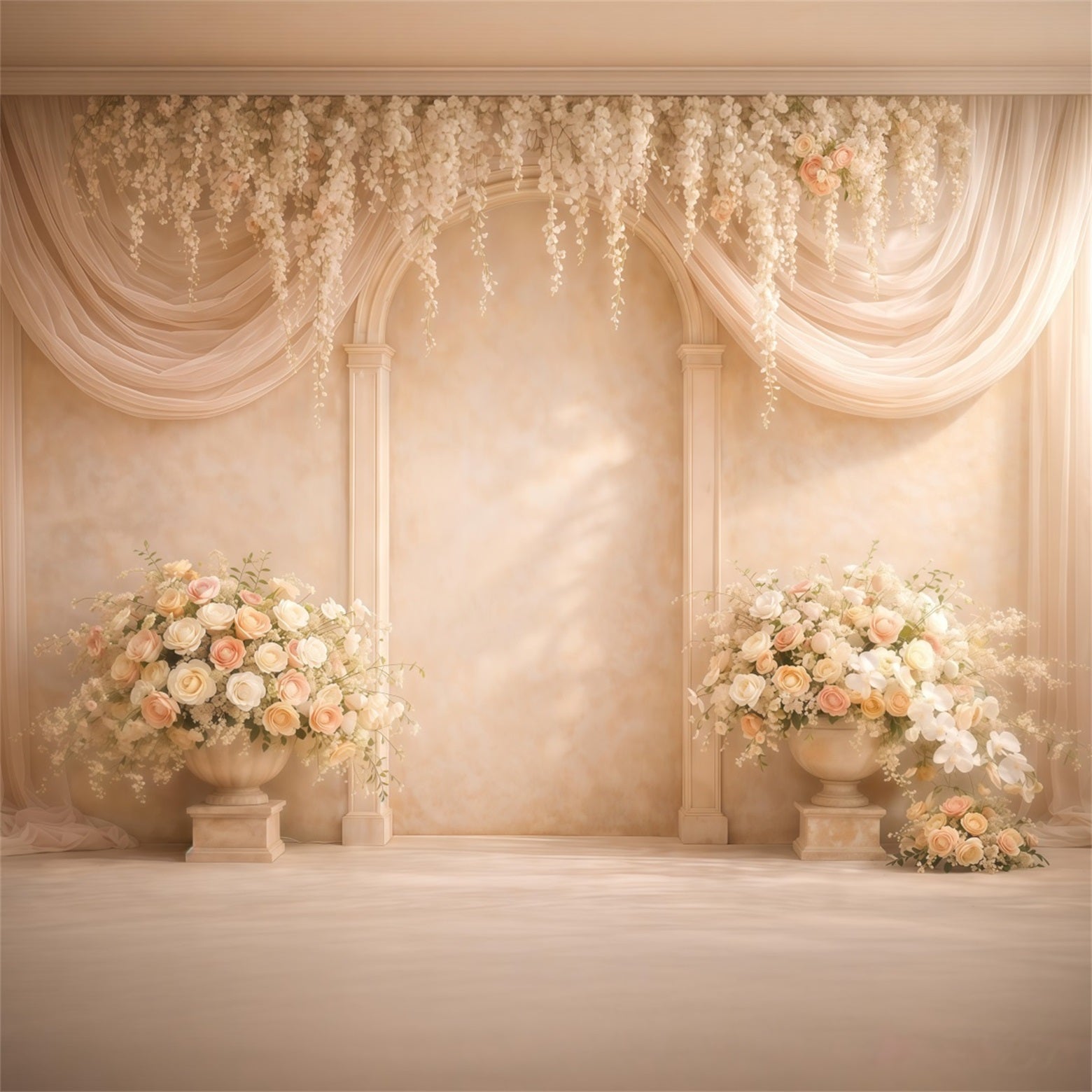 Pastel Retro Mother's Day Backdrop Ivory Floral Arch Draped Curtains Mothers Day Photo Backdrops LXX63-37