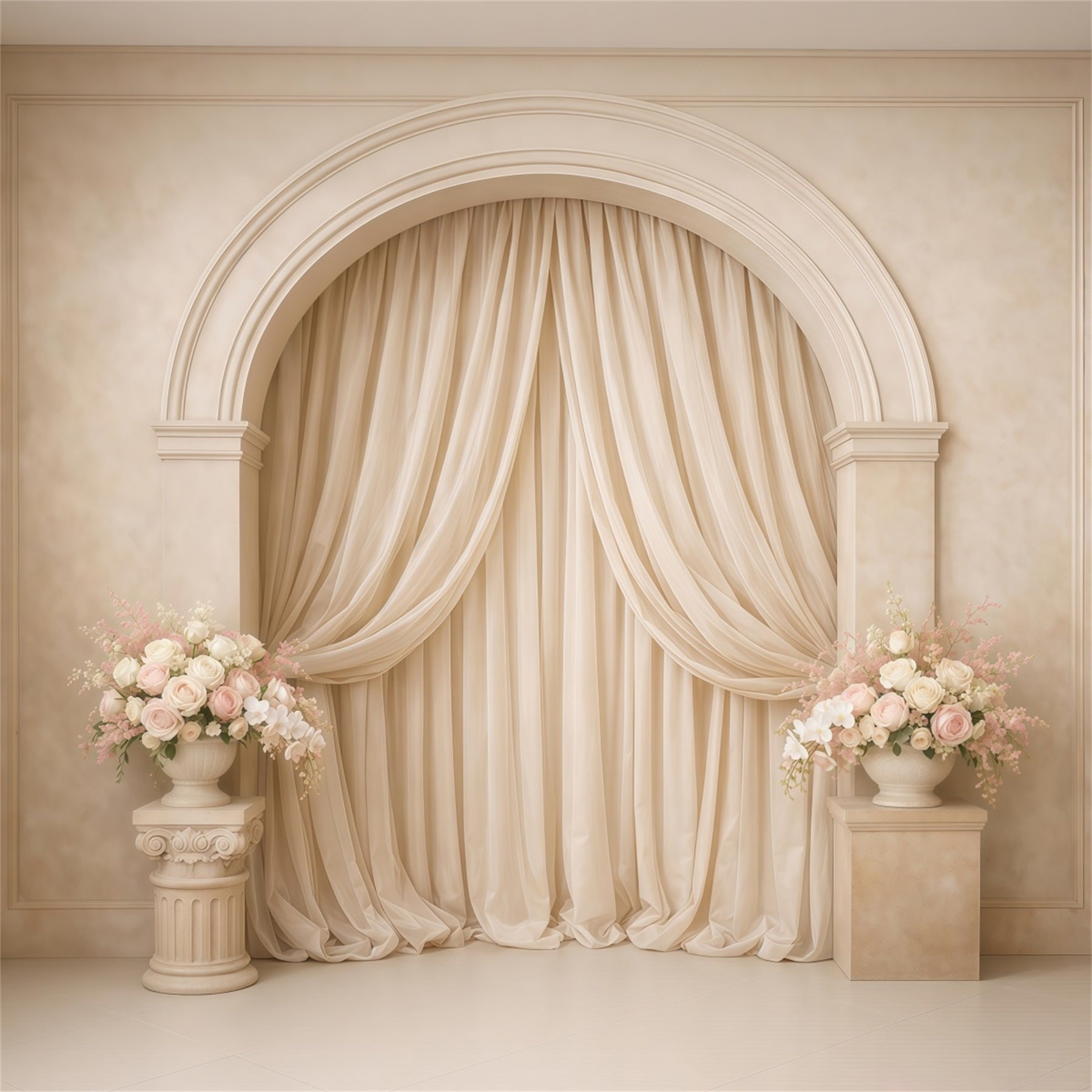 Pastel Retro Mother's Day Backdrop Cream Arch Draped Floral Pedestals Mothers Day Photo Backdrops LXX63-38