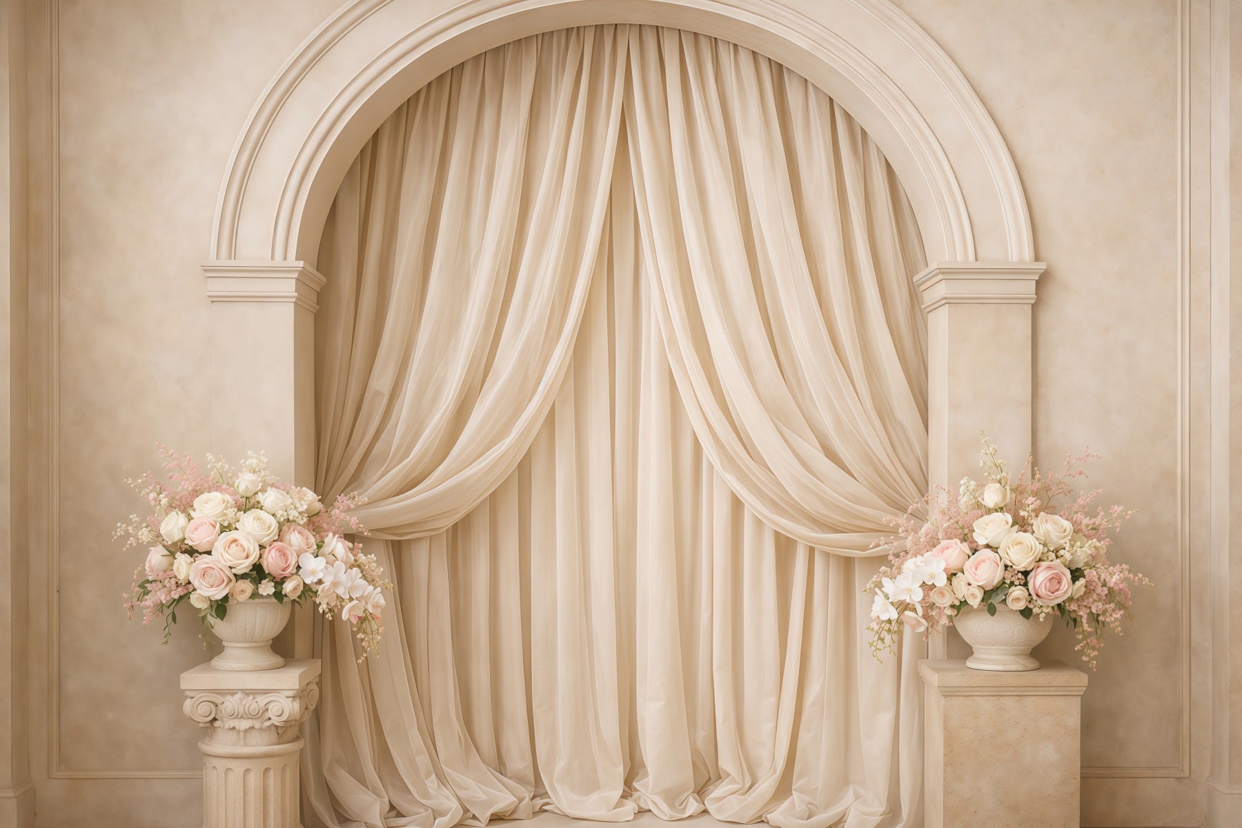 Pastel Retro Mother's Day Backdrop Cream Arch Draped Floral Pedestals Mothers Day Photo Backdrops LXX63-38
