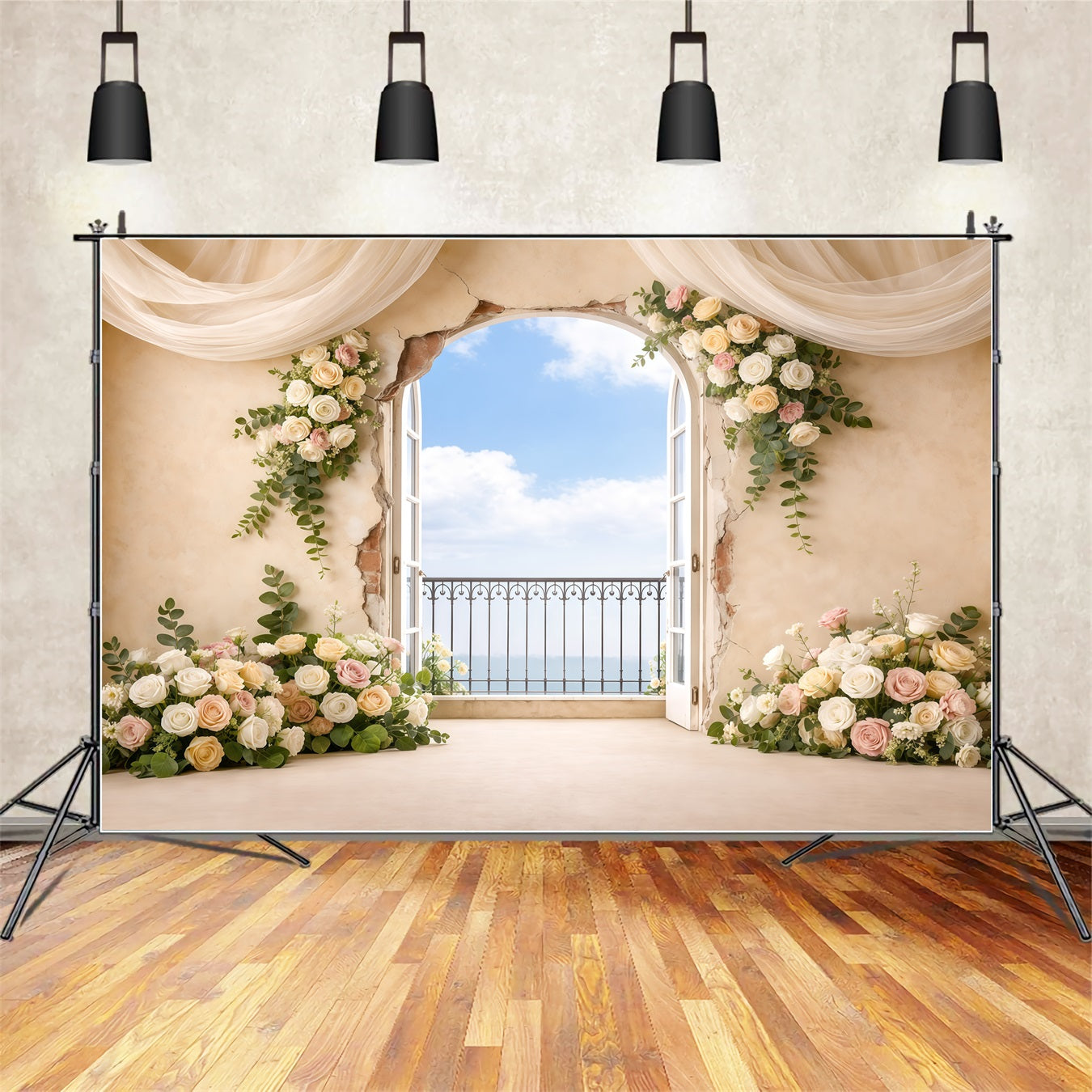Pastel Retro Mother's Day Backdrop Vintage Window Balcony Floral Mothers Day Photo Backdrops LXX63-39
