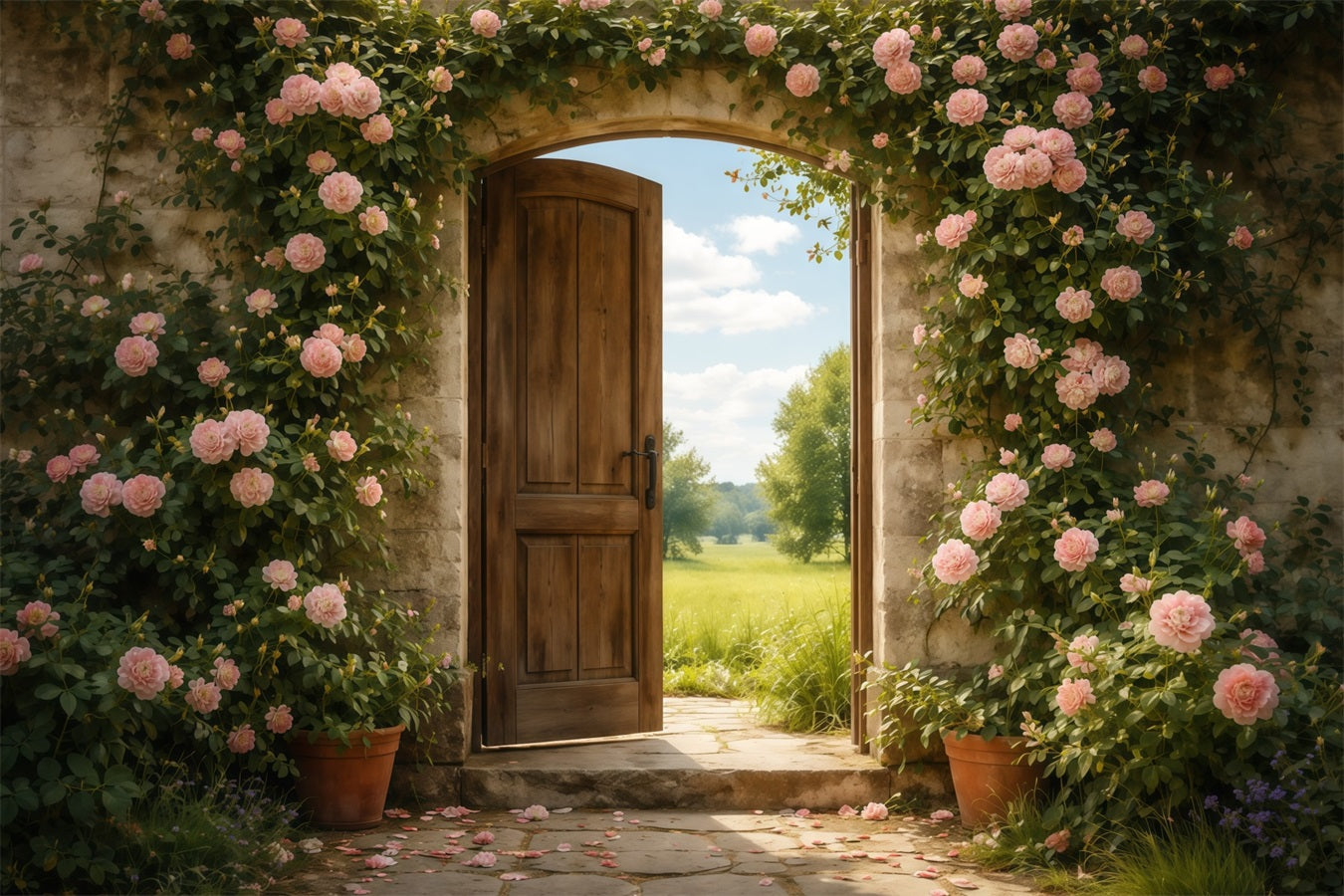 Mother's Day Portrait Backdrop Rustic Garden Door Pink Rose Mother's Day Backdrop LXX63-4
