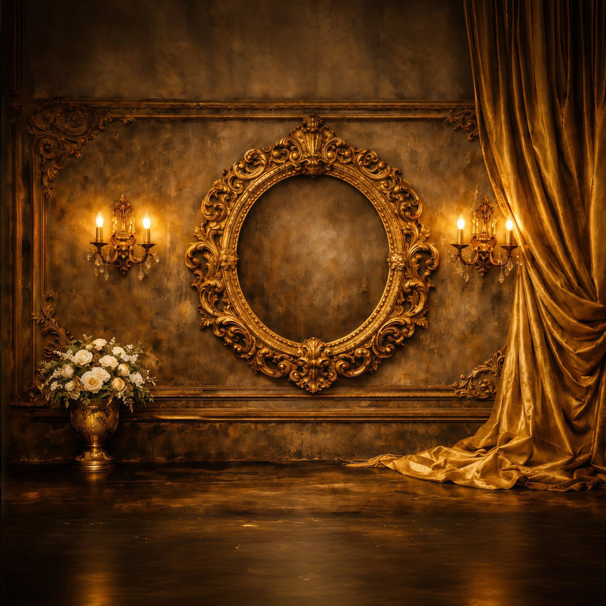 Pastel Retro Mother's Day Backdrop Gold Ornate Frame Velvet Drapes Mothers Day Photo Backdrops LXX63-40