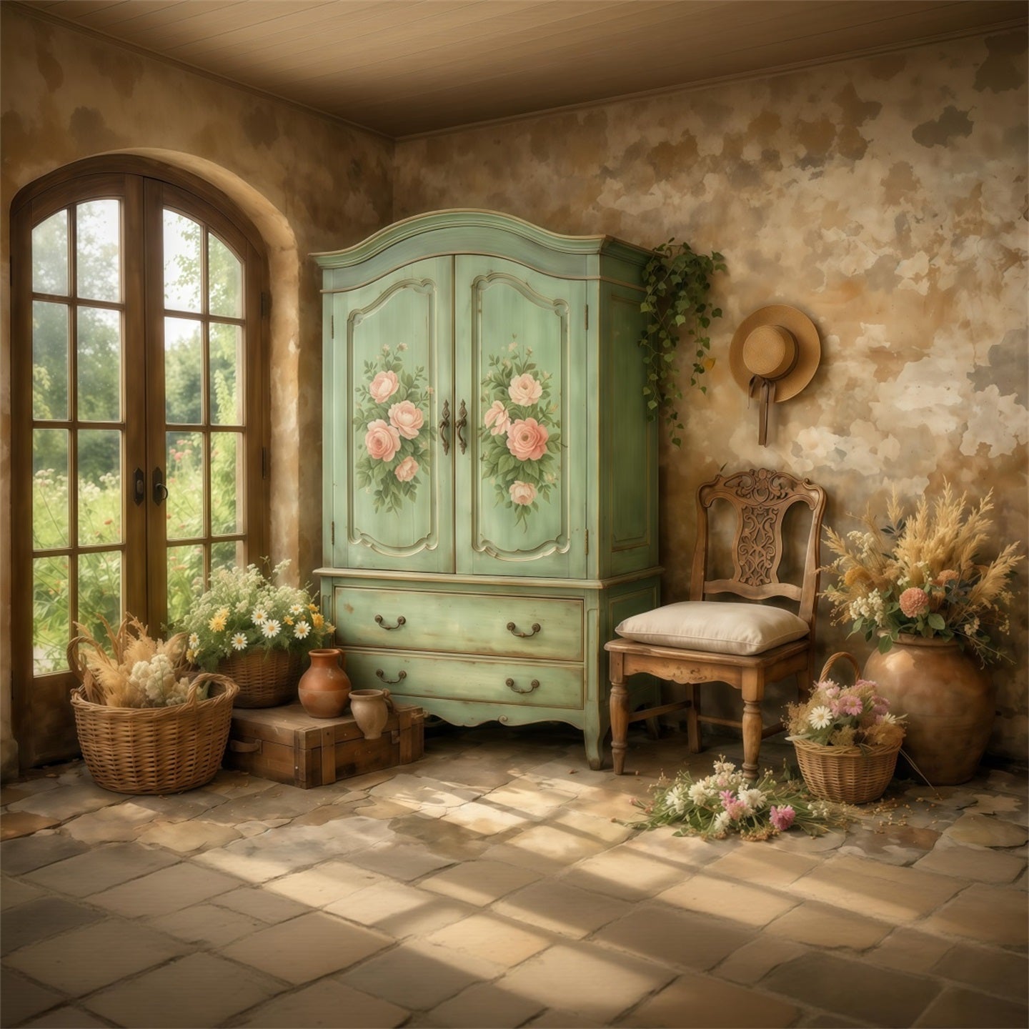 Farmhouse Chic Mother's Day Backdrop Vintage Mint Wardrobe Interior Mother's Day Picture Backdrop LXX63-41