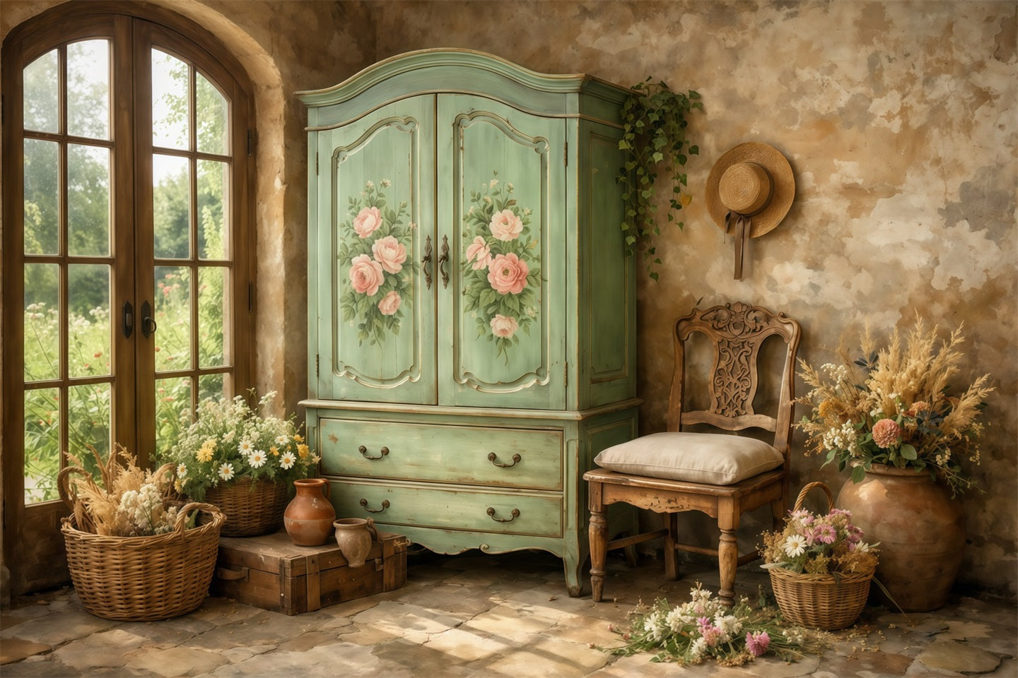 Farmhouse Chic Mother's Day Backdrop Vintage Mint Wardrobe Interior Mother's Day Picture Backdrop LXX63-41