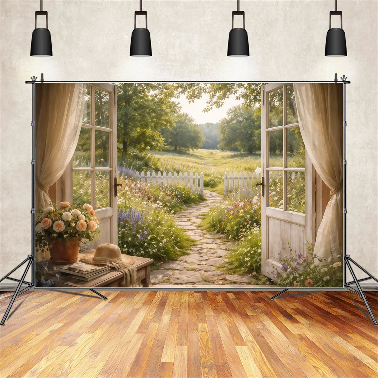 Farmhouse Chic Mother's Day Backdrop Sunlit Path Open Window View Mother's Day Picture Backdrop LXX63-42