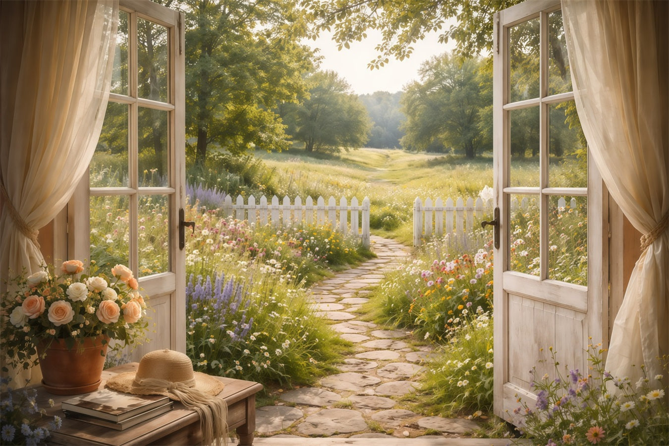 Farmhouse Chic Mother's Day Backdrop Sunlit Path Open Window View Mother's Day Picture Backdrop LXX63-42