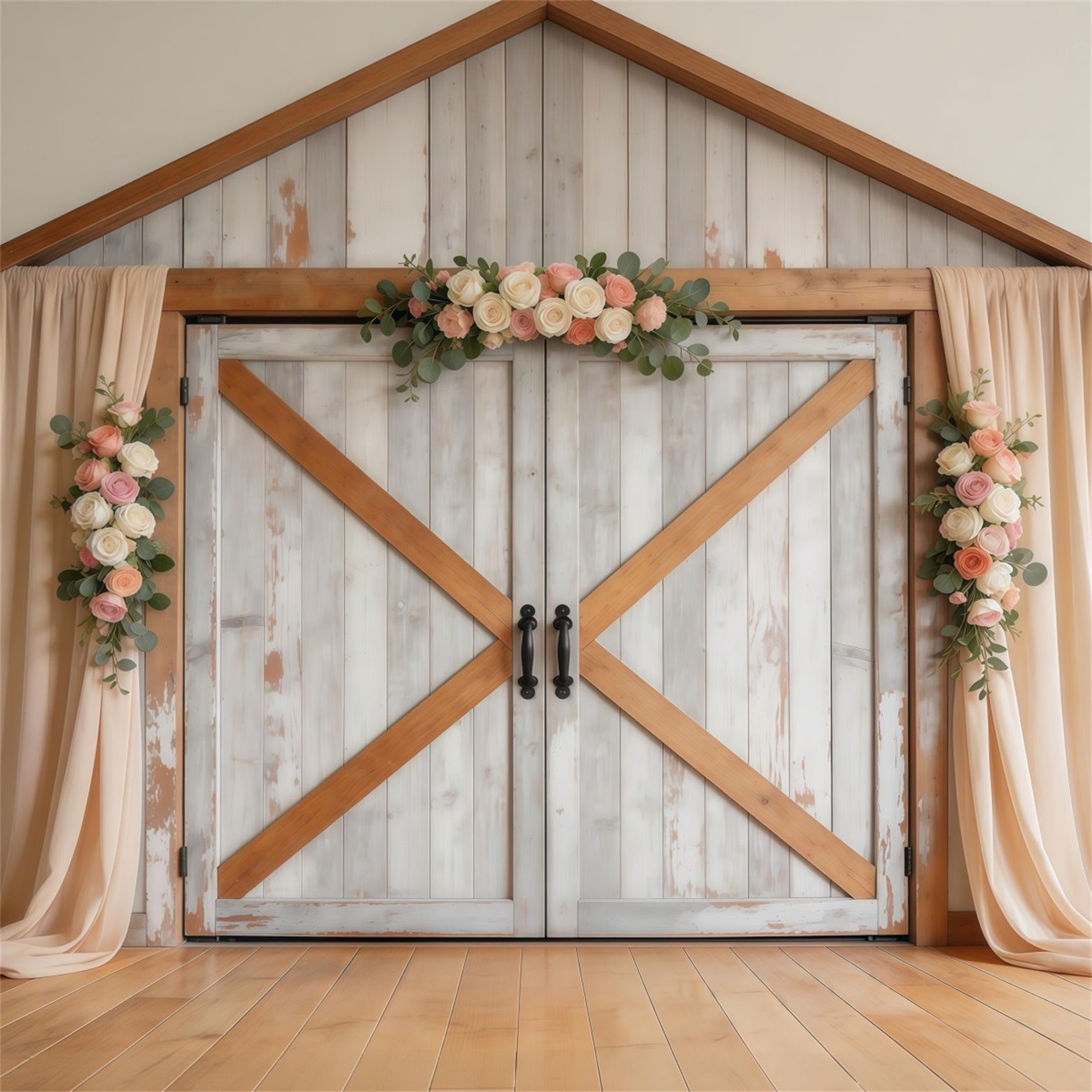 Farmhouse Chic Mother's Day Backdrop Rustic White Wooden Barn Door Mother's Day Picture Backdrop LXX63-43