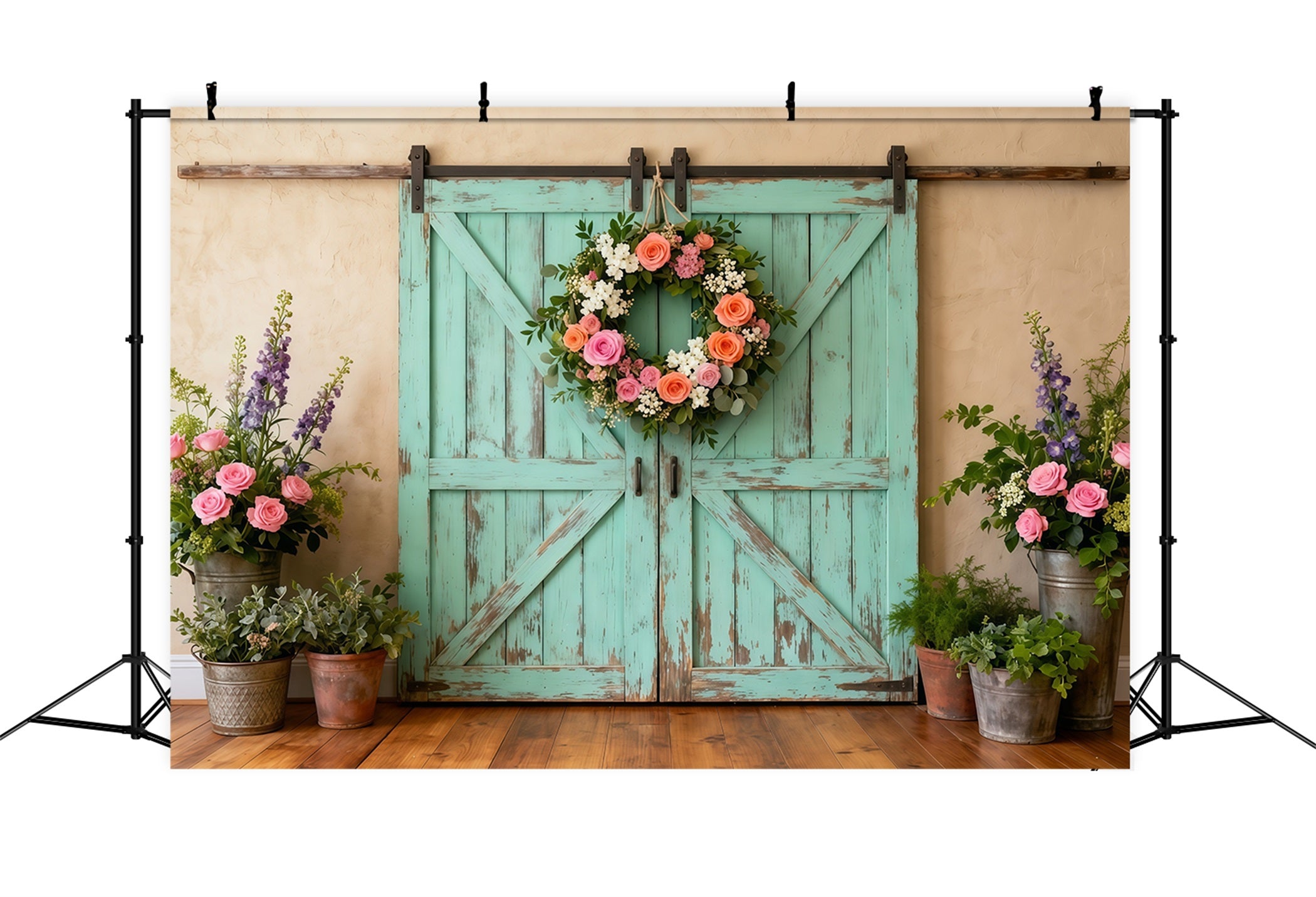 Farmhouse Chic Mother's Day Backdrop Distressed Teal Barn Door Wreath Mother's Day Picture Backdrop LXX63-44