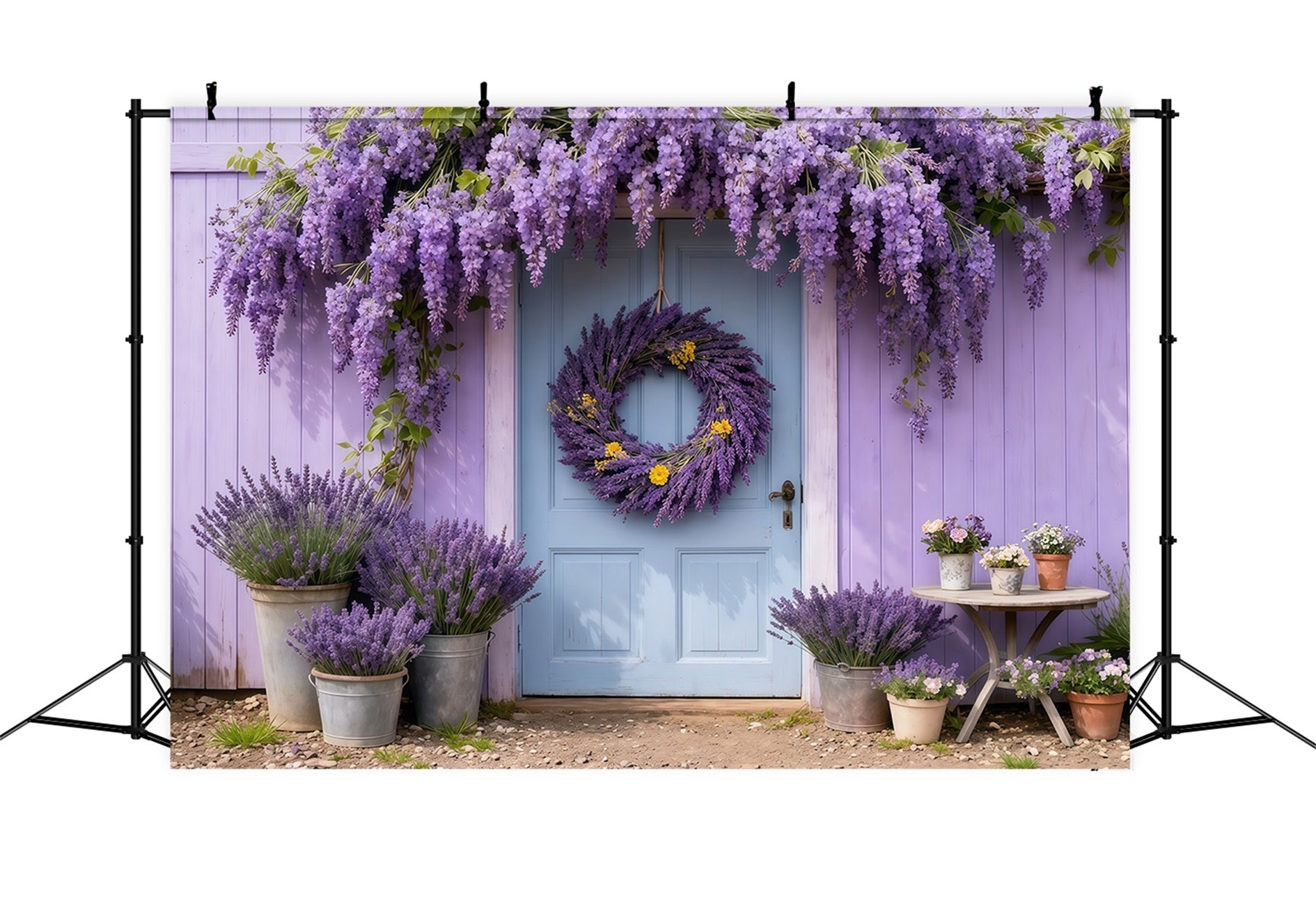 Lavender Bouquet Mother's Day Backdrop Purple Floral Wreath Blue Door Backdrop Mothers Day LXX63-45