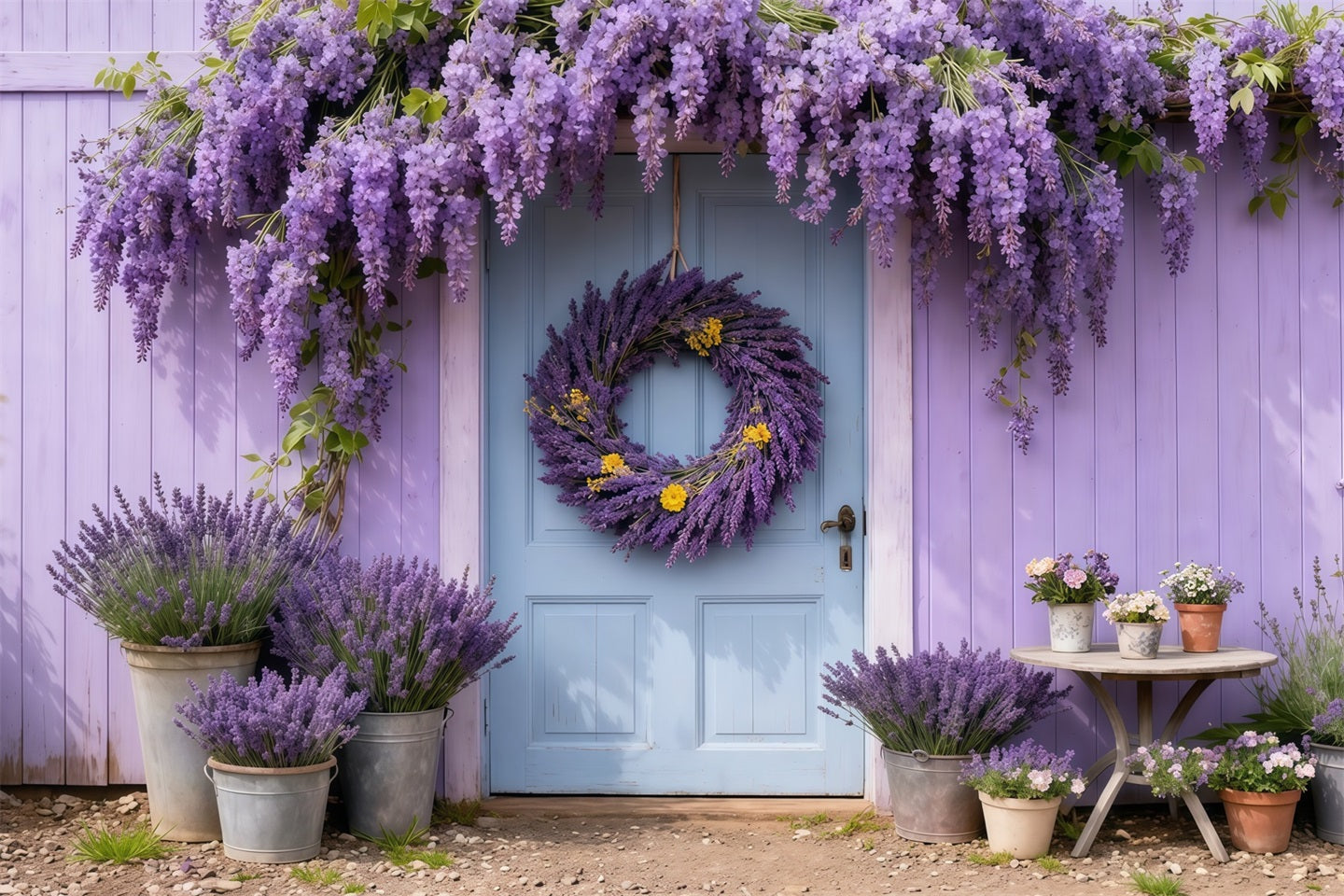 Lavender Bouquet Mother's Day Backdrop Purple Floral Wreath Blue Door Backdrop Mothers Day LXX63-45