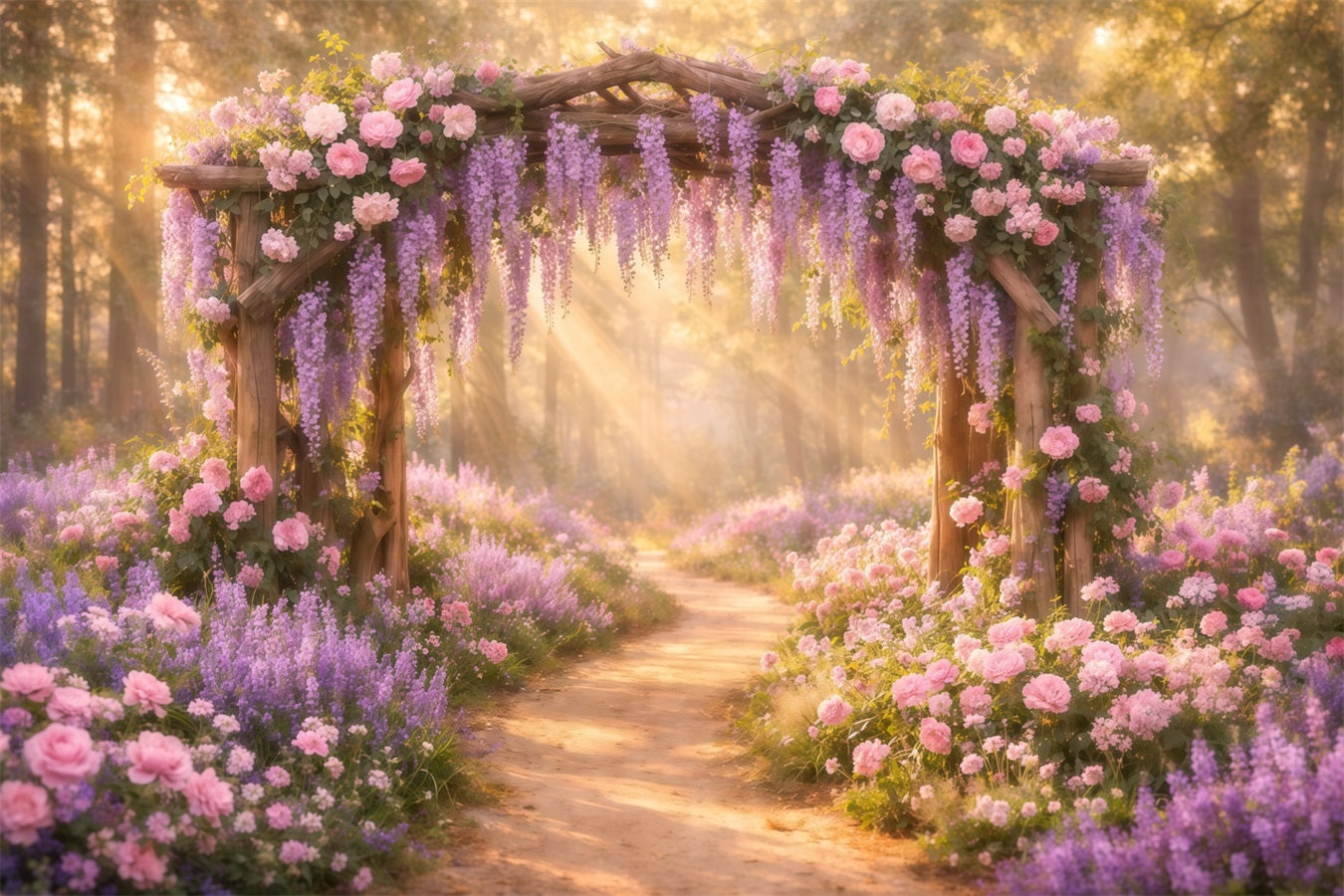 Lavender Bouquet Mother's Day Backdrop Golden Sunlight Floral Wisteria Arch Backdrop Mothers Day LXX63-48