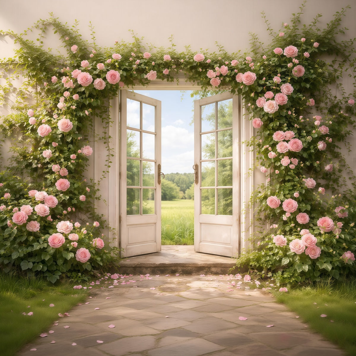 Mother's Day Portrait Backdrop Romantic Door Pink Rose Archway Mother's Day Backdrop LXX63-5