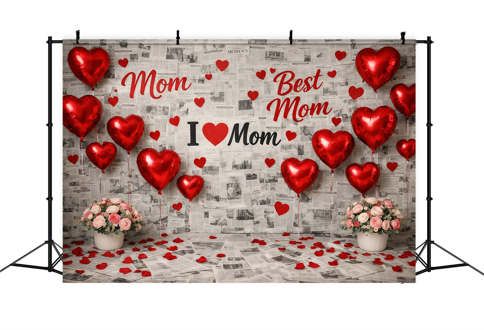Mother's Day Backdrop For School Red Heart Balloon Newspaper Collage Happy Mothers Day Backdrops LXX63-53