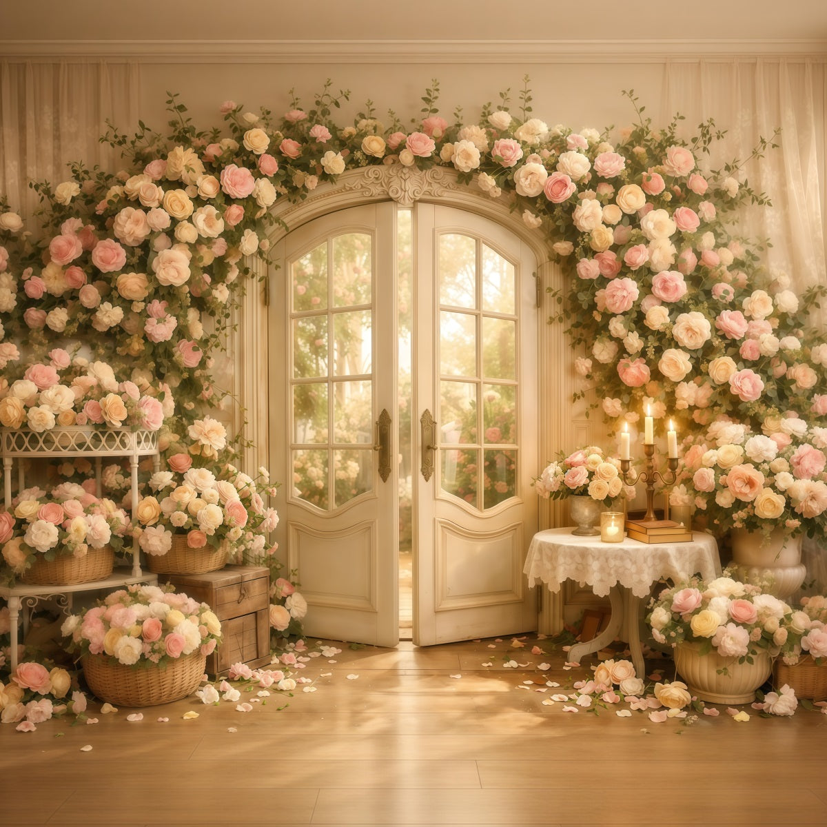Mother's Day Backdrop With Flowers Romantic Floral Door Candle Vintage Backdrop Mother Day LXX63-55