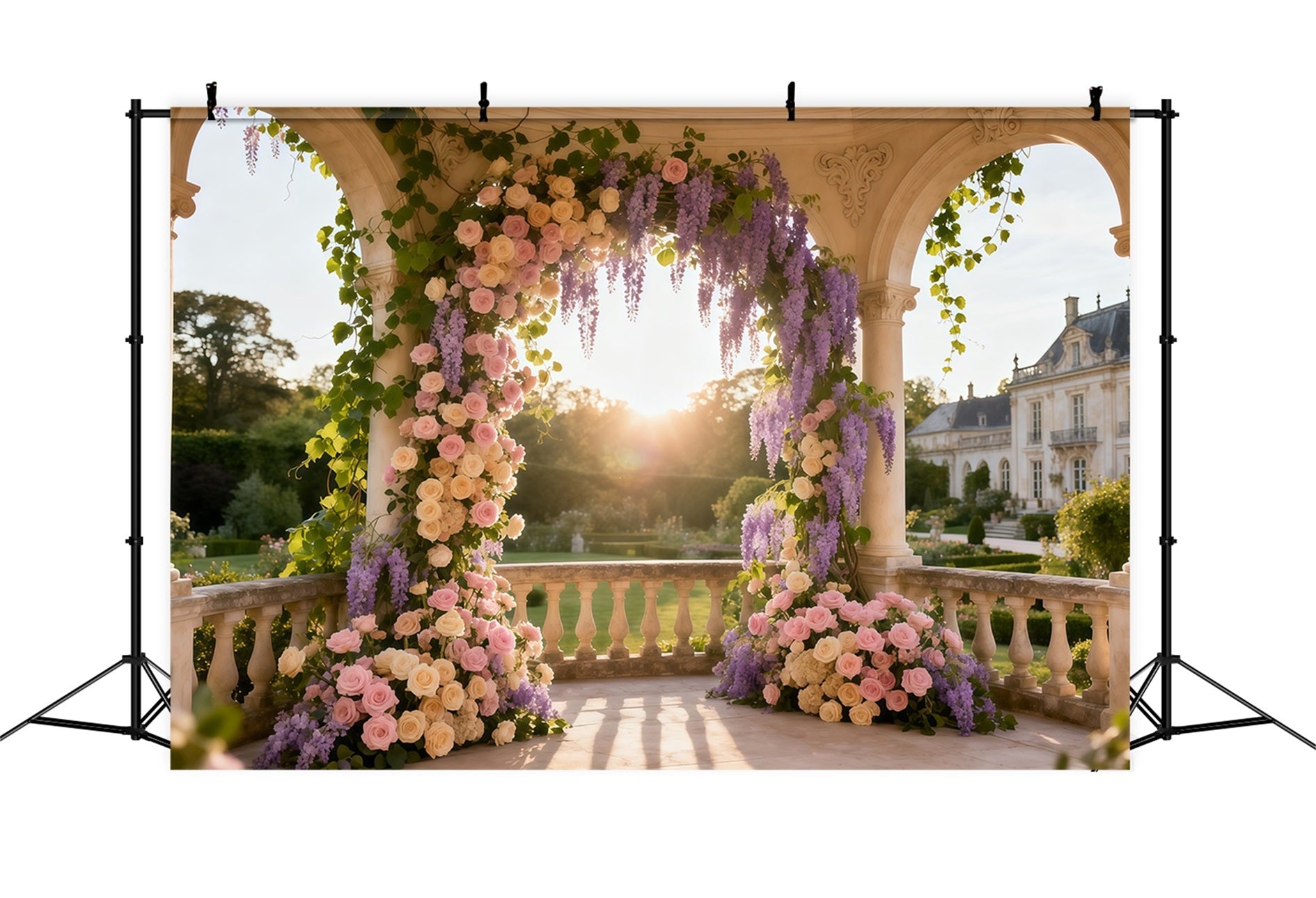 Floral Mother's Day Backdrop Ideas Column Arch Sunset Rose Wisteria Backdrop Design For Mother's Day LXX63-57