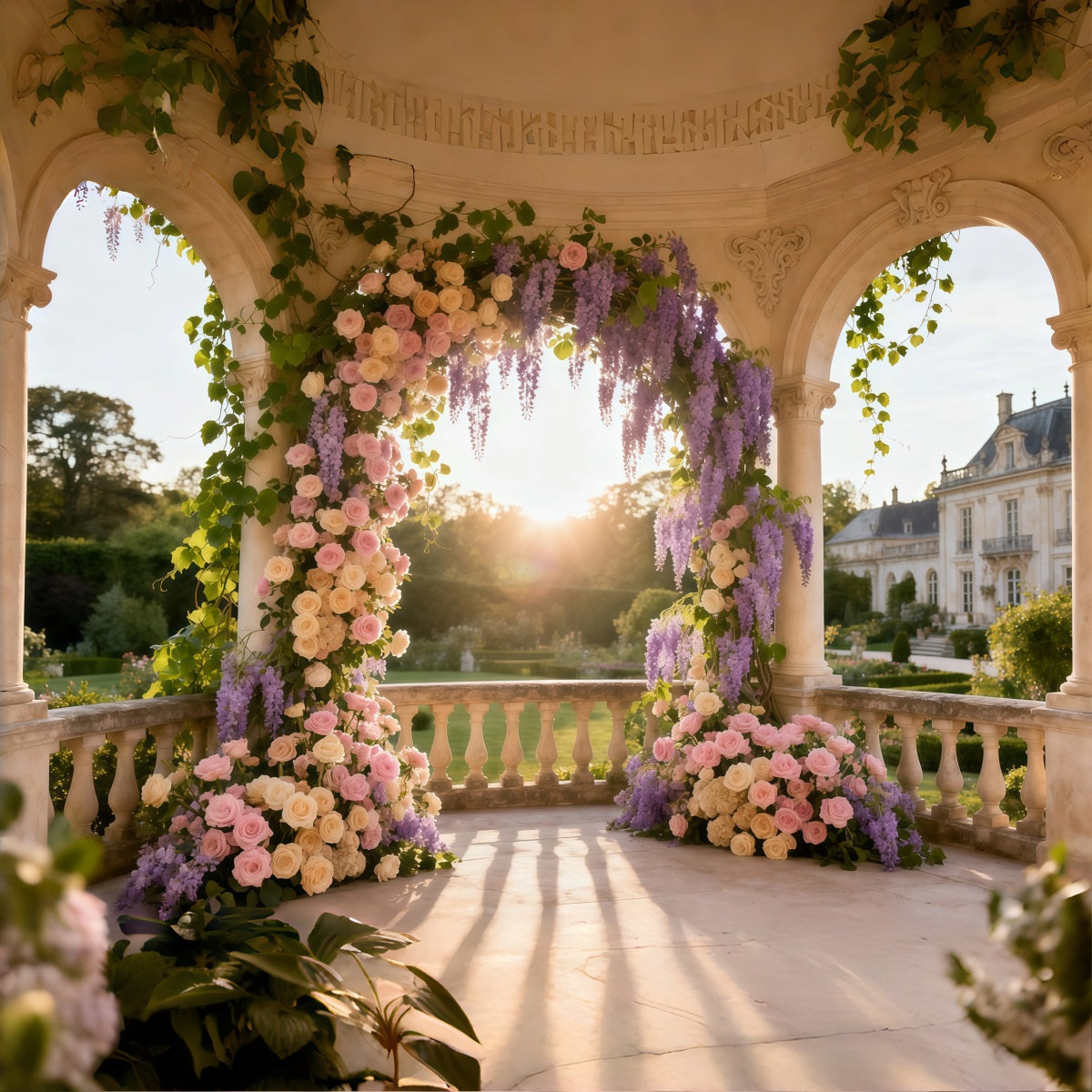 Floral Mother's Day Backdrop Ideas Column Arch Sunset Rose Wisteria Backdrop Design For Mother's Day LXX63-57