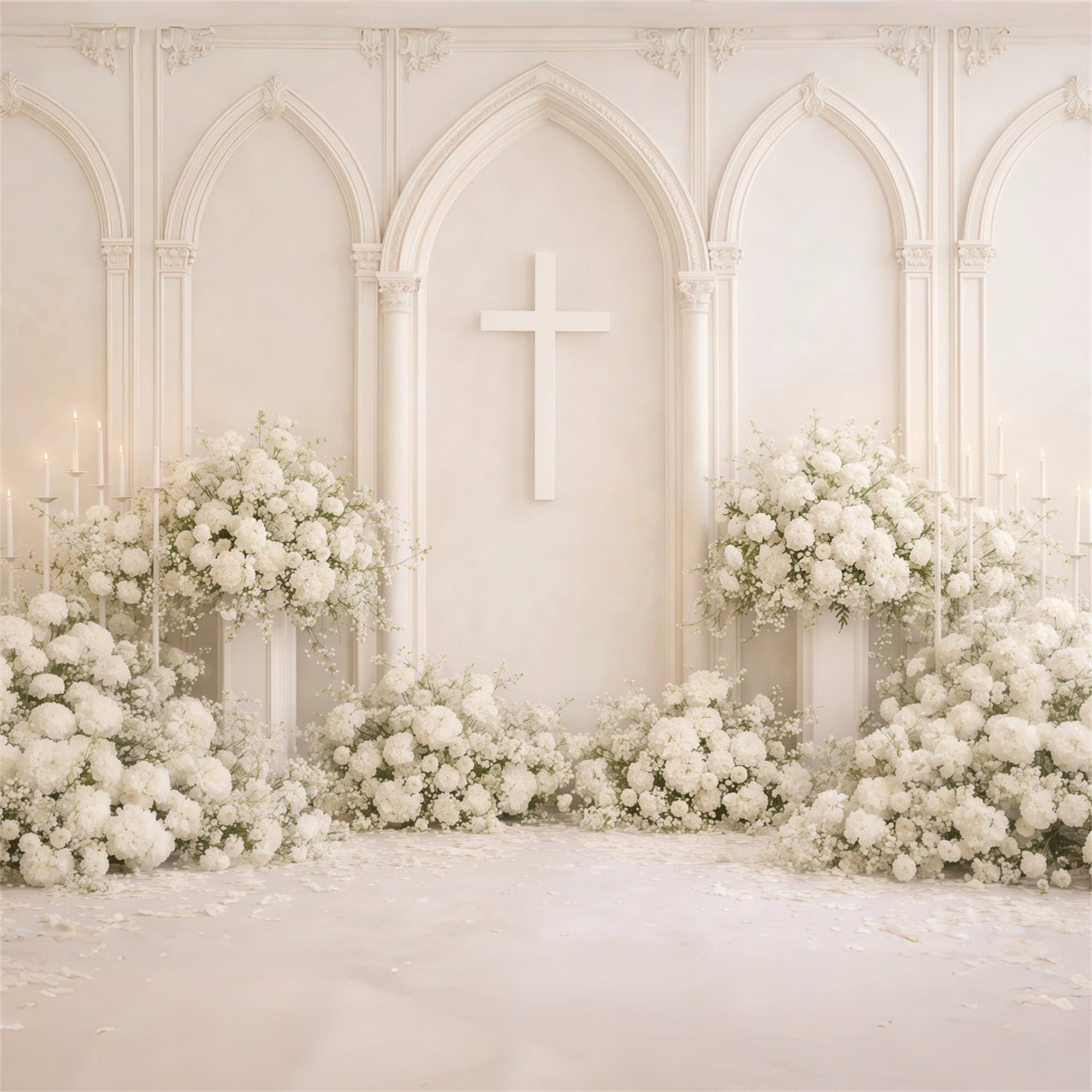 Mothers Day Backdrop Church White Floral Cross Arch Cathedral Elegance Mothersday Backdrop LXX63-62