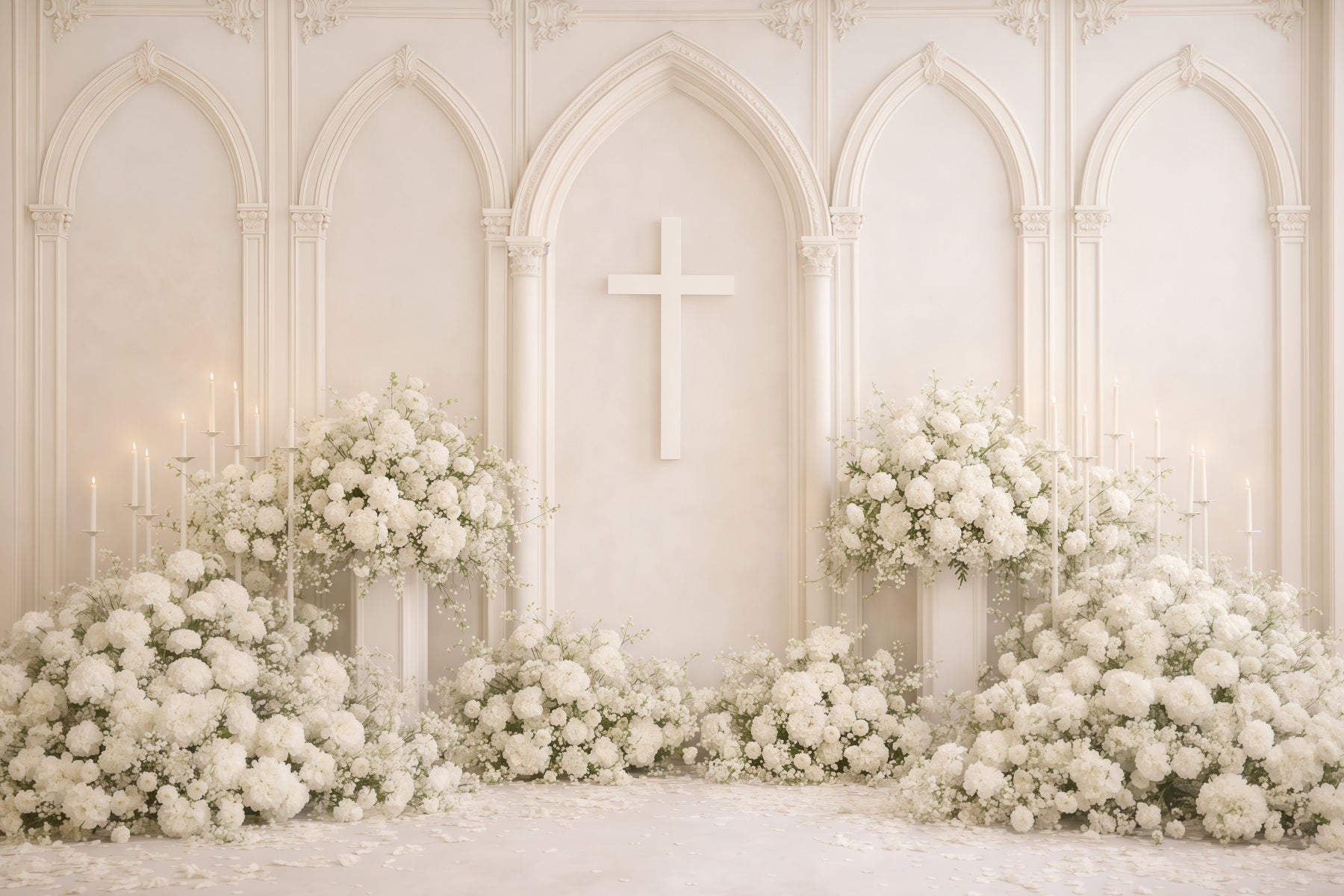 Mothers Day Backdrop Church White Floral Cross Arch Cathedral Elegance Mothersday Backdrop LXX63-62