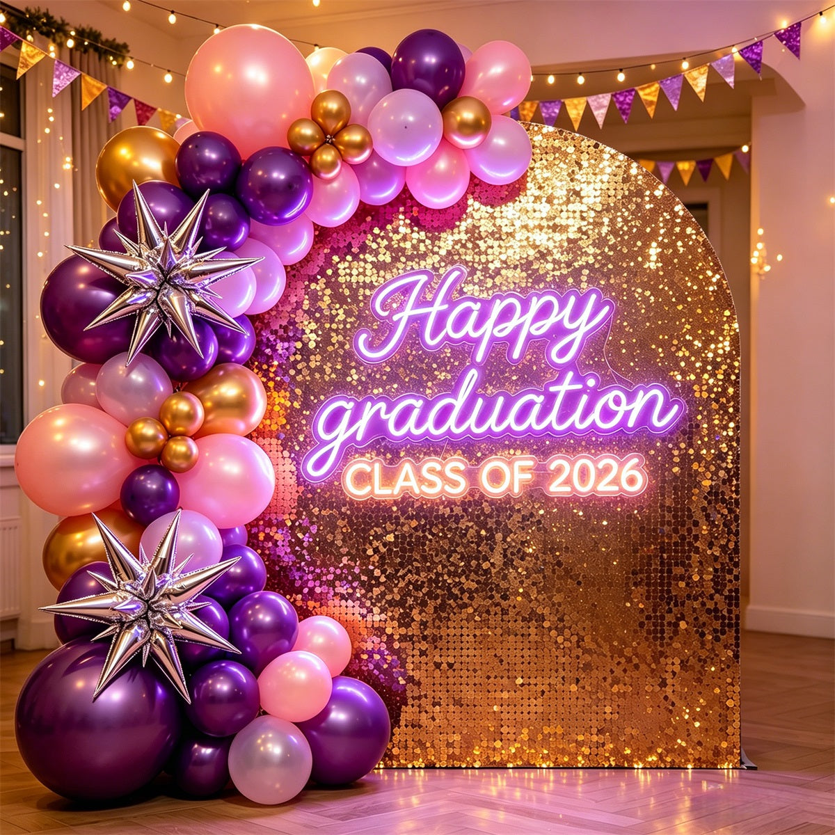 Graduation Arch Backdrop Gold Sequin Class of 2026 Class of 2026 Shimmer Wall Arch Backdrop LX64-22