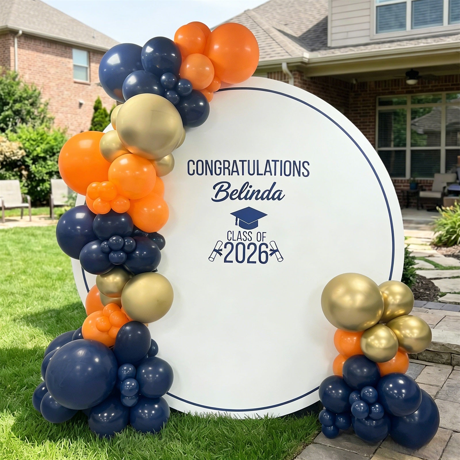 High School Graduation Round Backdrop White Navy Typography Diploma Se