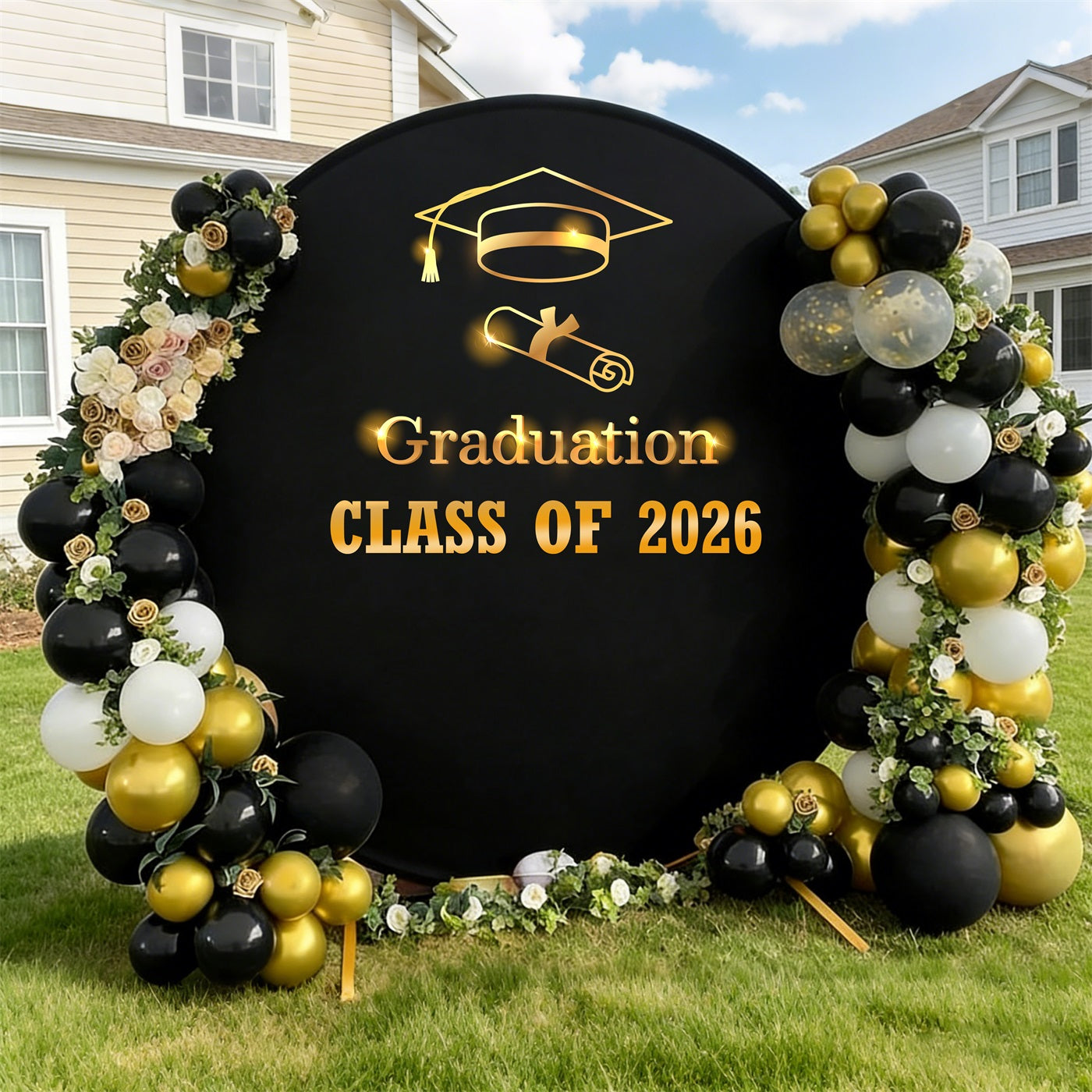 Large Graduation Round Backdrop Black Gold Glitter Cap Diploma Extra Large Graduation Round Backdrop LXX64-25