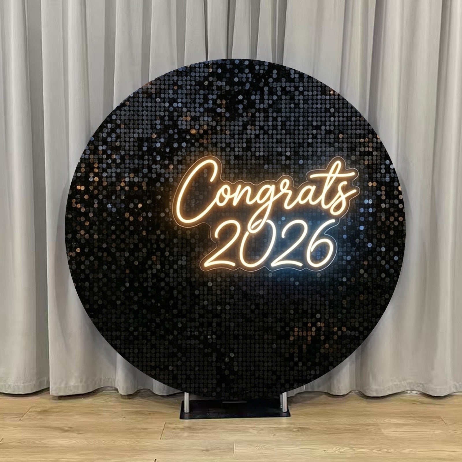 Round Graduation Backdrop Black Sequin Neon Congrats Round Shimmer Graduation Backdrop LX64-28
