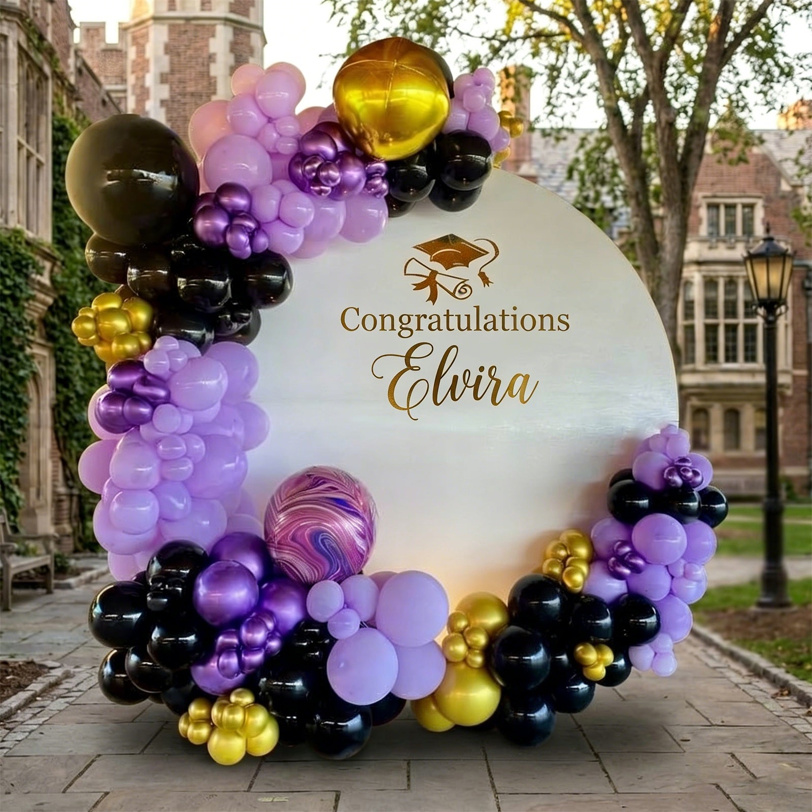 Graduation Round Backdrop For Photos White Gold Typography Cap Graduation Photography Round Backdrop LXX64-29