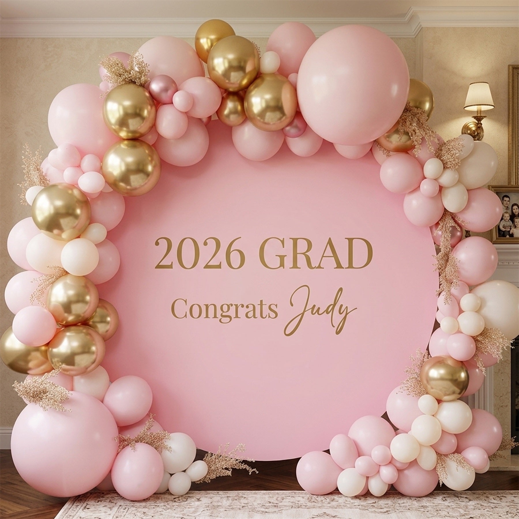 Pink Graduation Round Backdrop Pink Gold 2026 Typography Blue Graduati