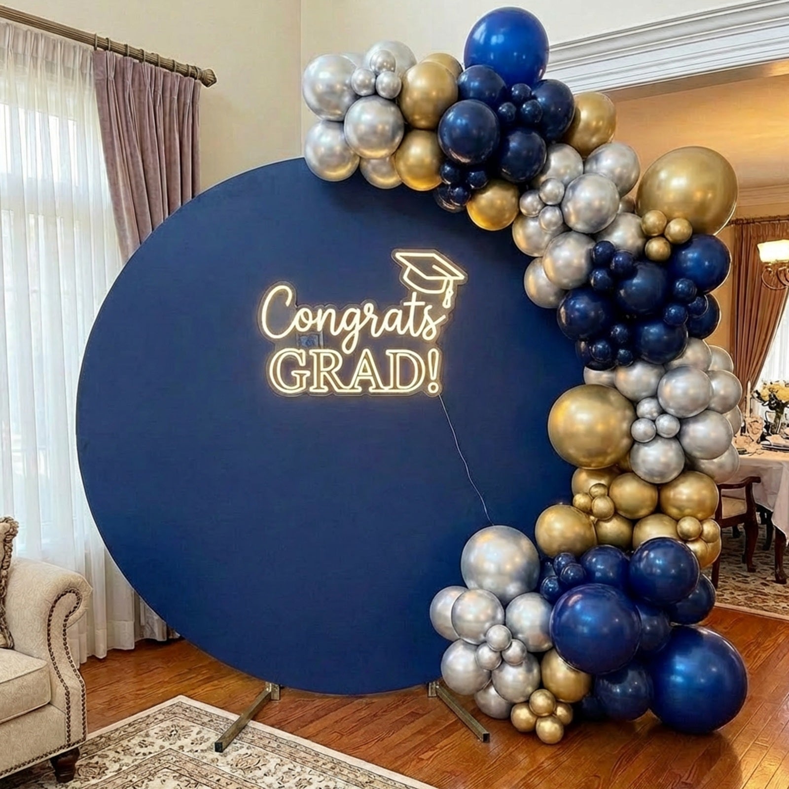 Round Graduation Backdrop Blue Neon Congrats Grad Round Graduation Bac