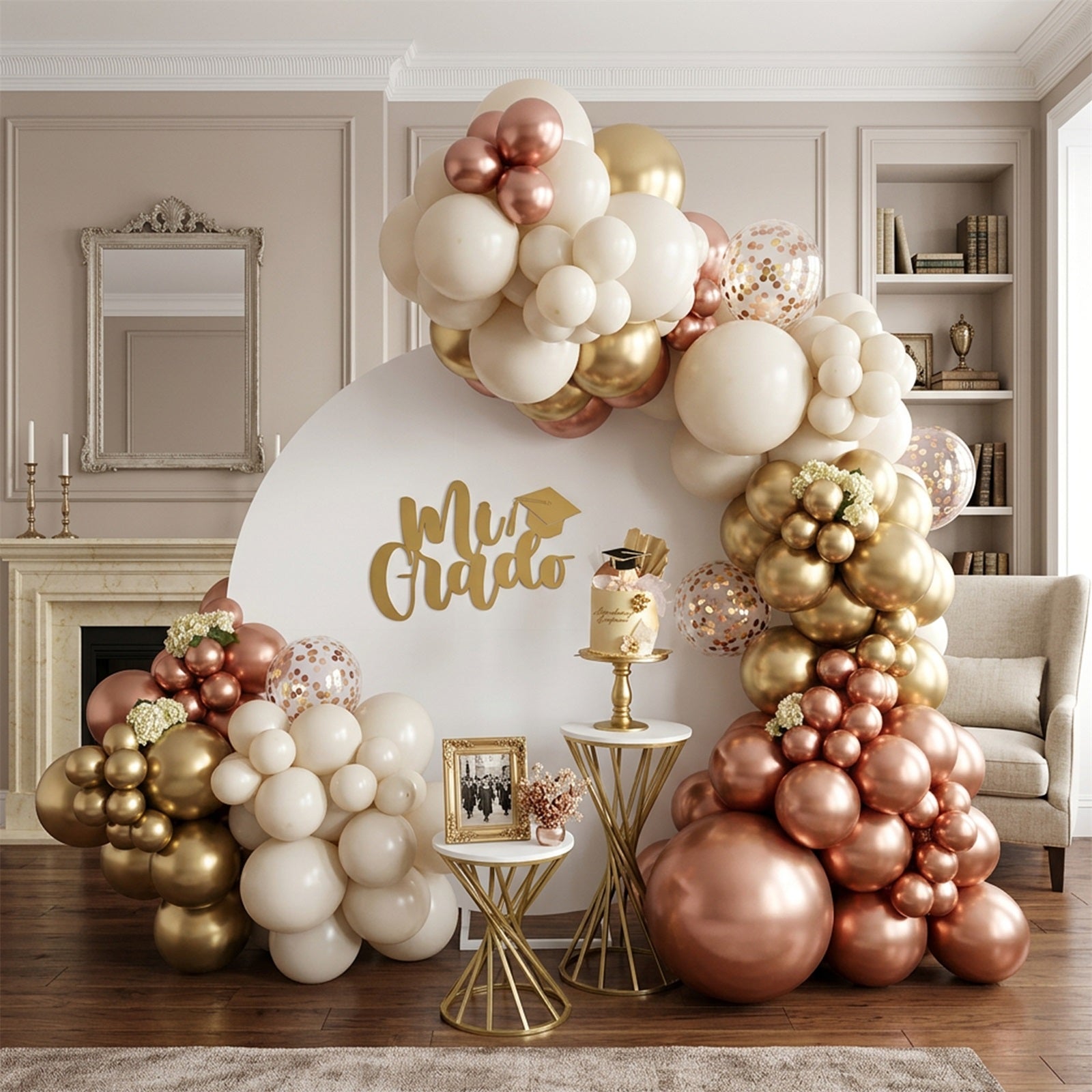 Graduation Round Backdrop White Gold Custom Text Cap Personalized Grad